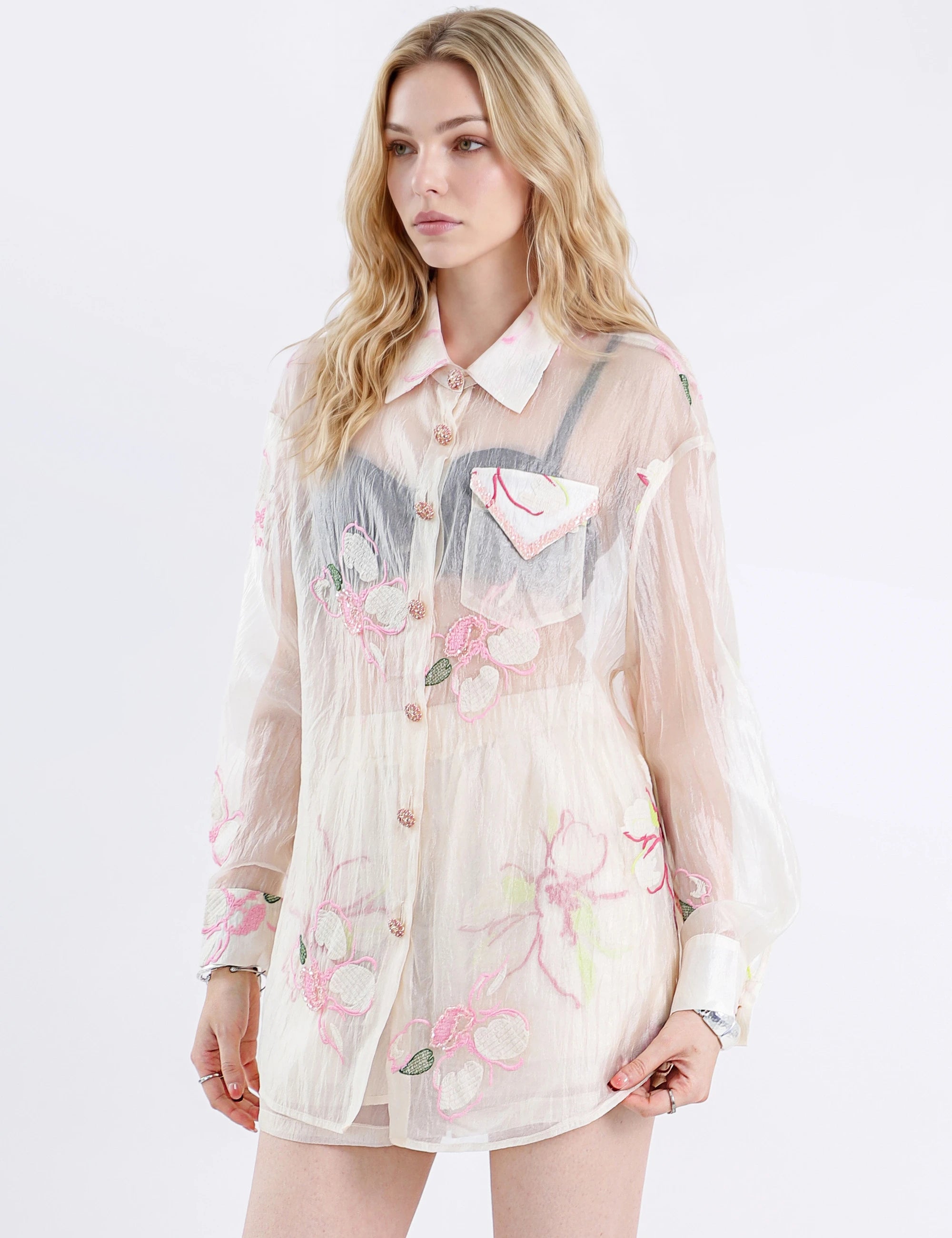 Elppis Sheer Pink Floral Embroidered Elastic Waist Shorts, white-background view on model — SKU JD4G5615BG
