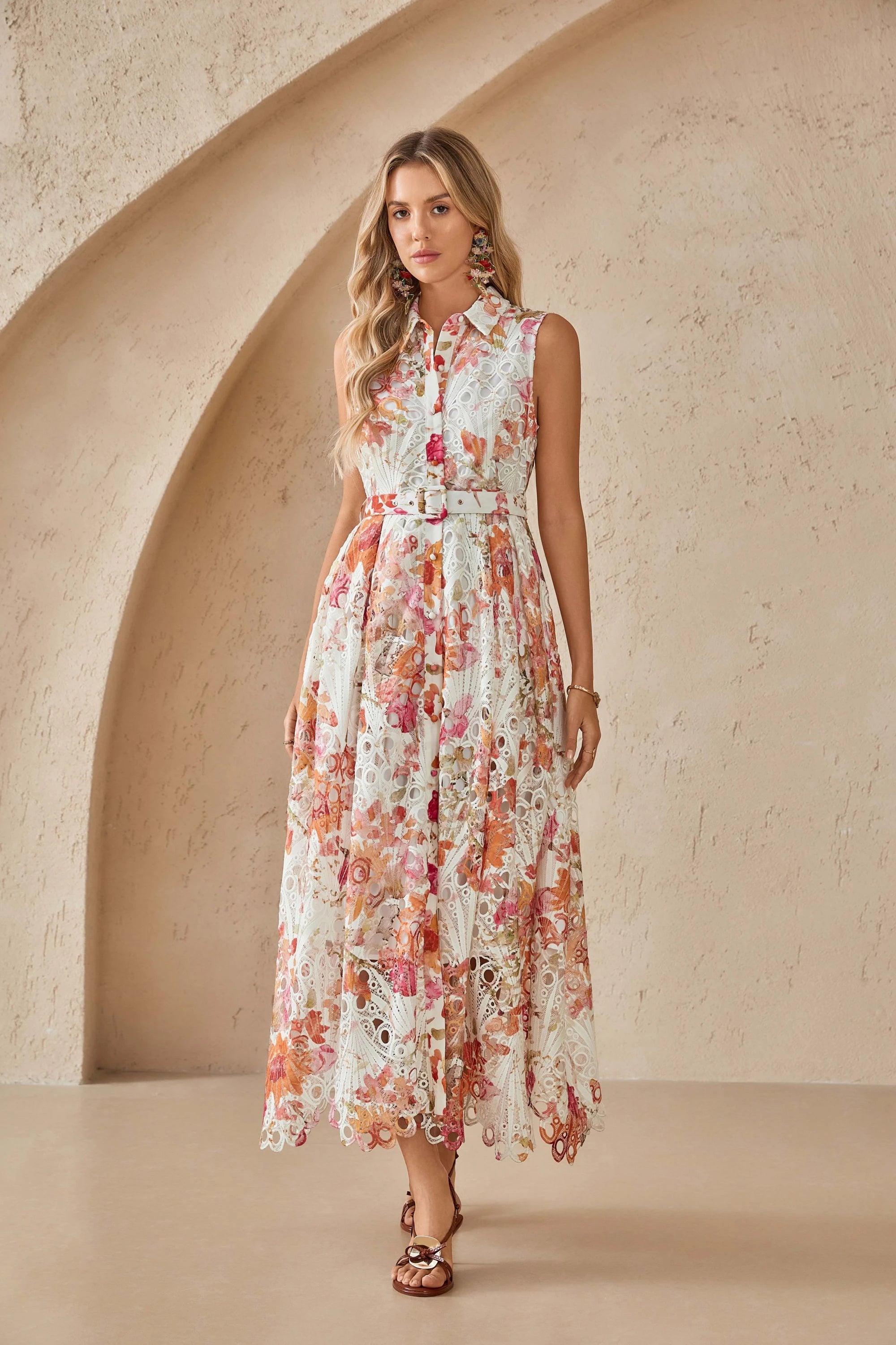 Elppis Sleeveless Cutout Lace Midi Shirt Dress, editorial styling view on model — SKU 1J5K09813BR