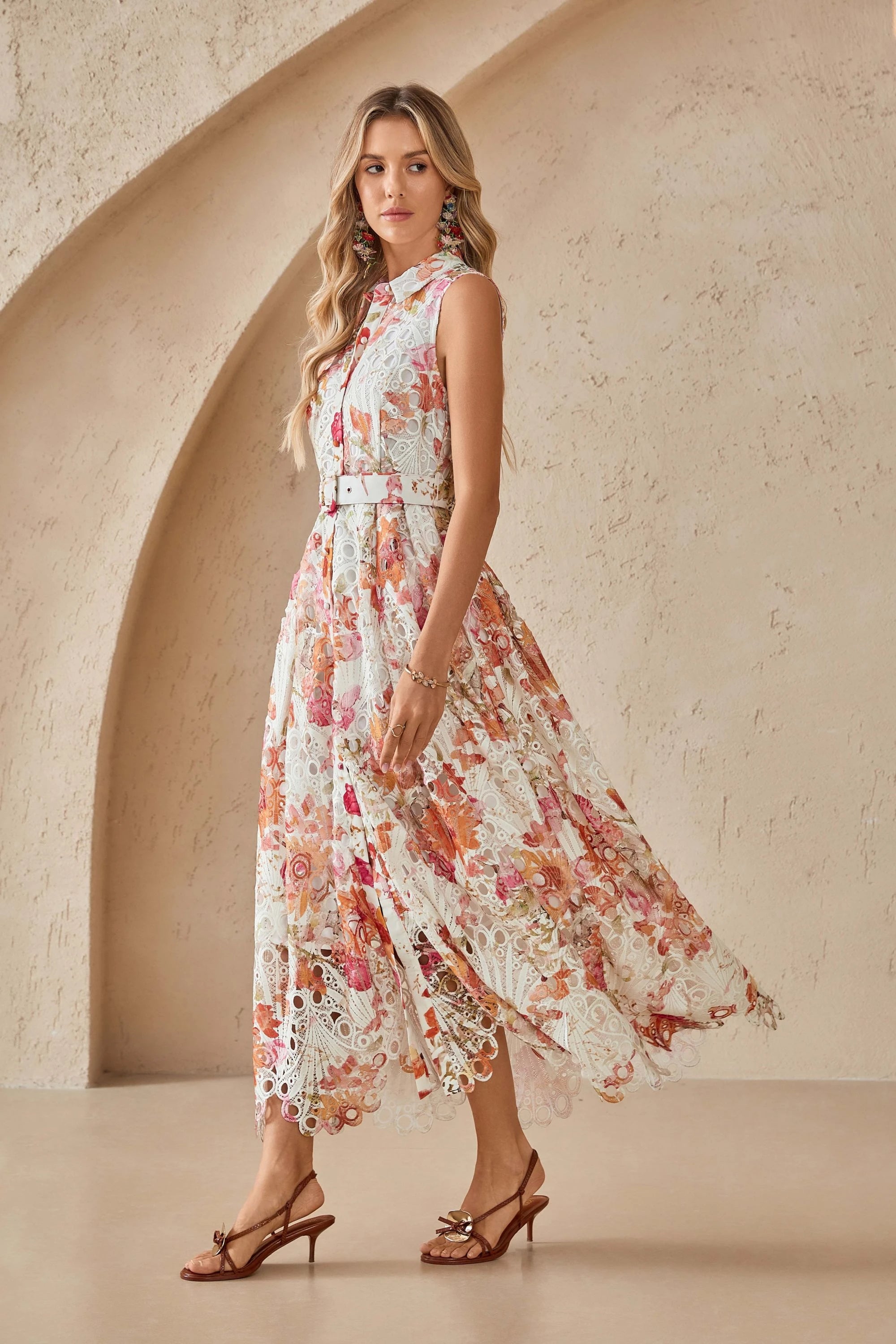 Elppis Sleeveless Cutout Lace Midi Shirt Dress, editorial styling view on model — SKU 1J5K09813BR
