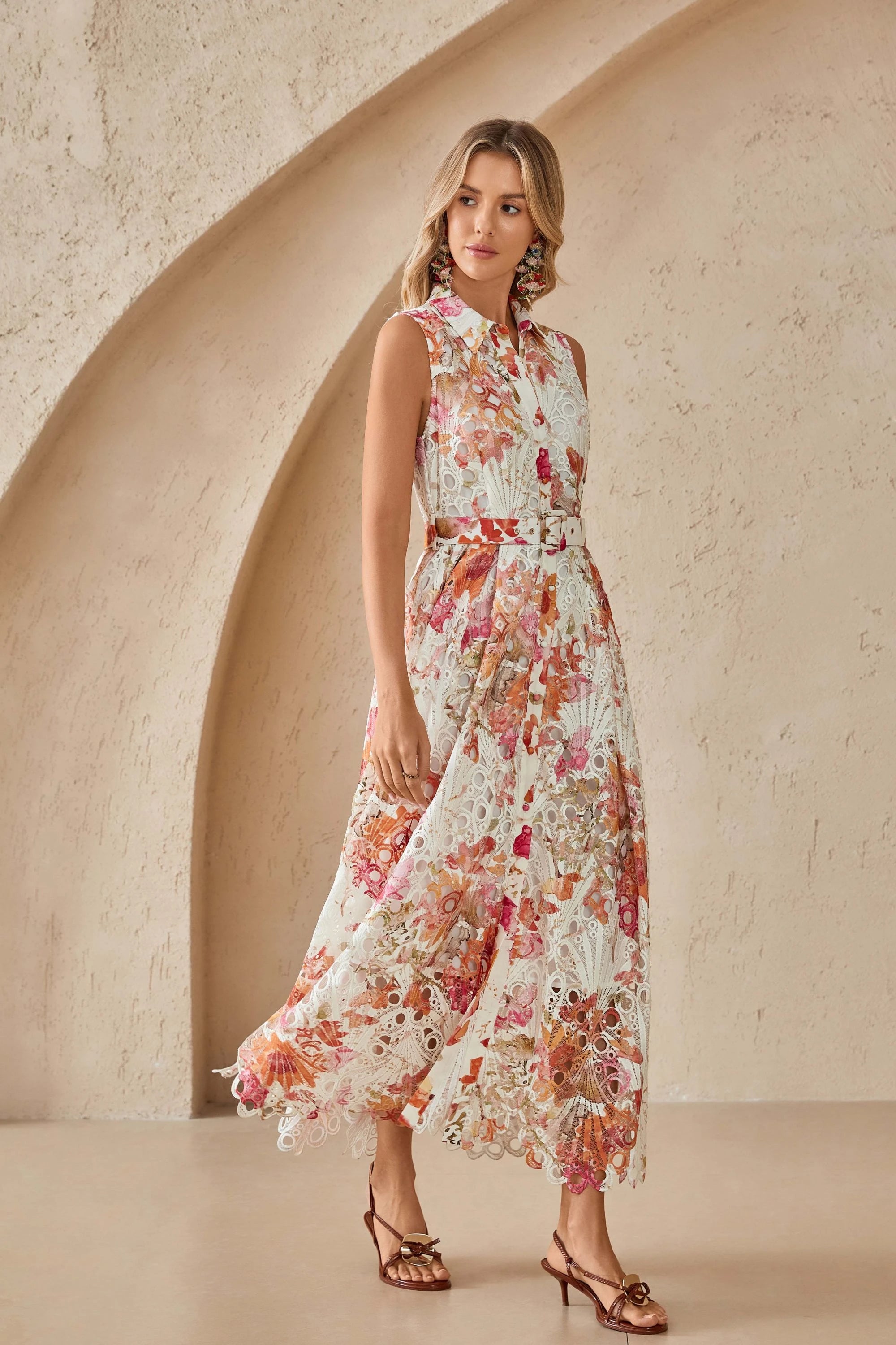 Elppis Sleeveless Cutout Lace Midi Shirt Dress, editorial styling view on model — SKU 1J5K09813BR