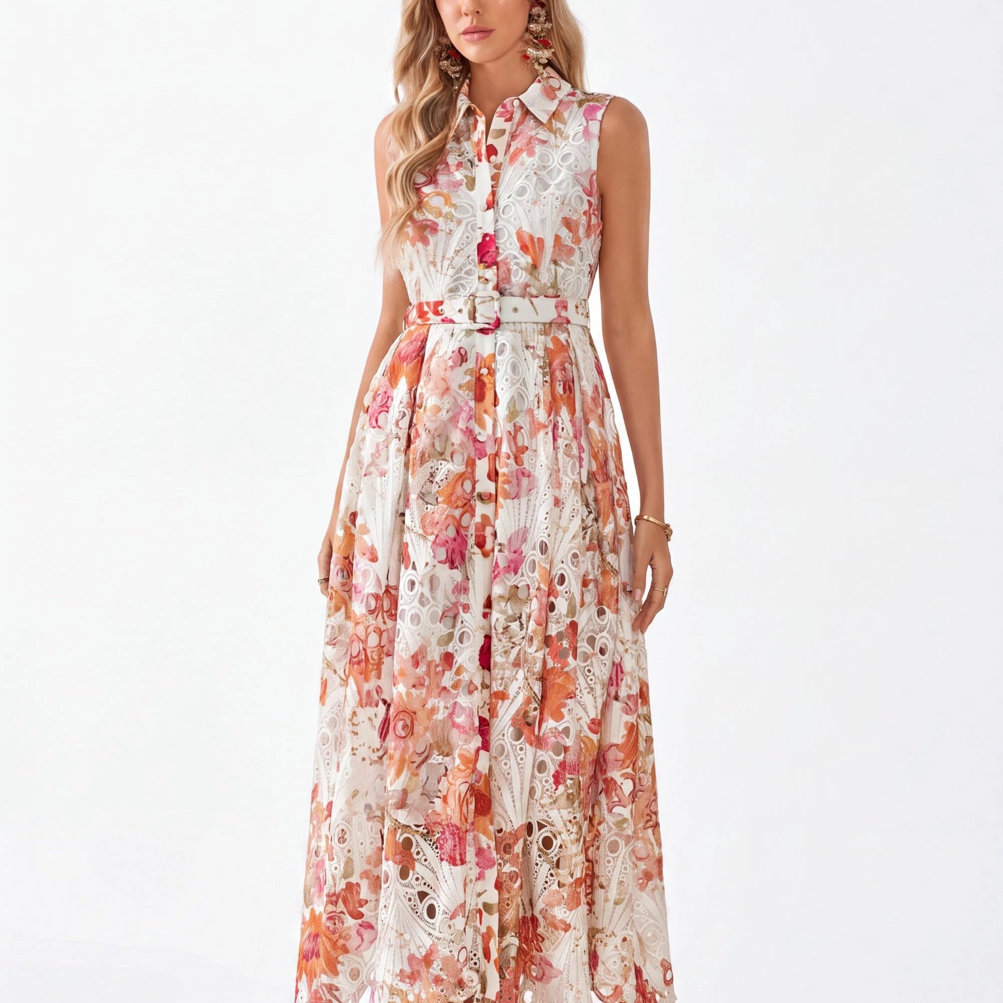 Elppis Sleeveless Cutout Lace Midi Shirt Dress, white-background full-length front view on model — SKU 1J5K09813BR