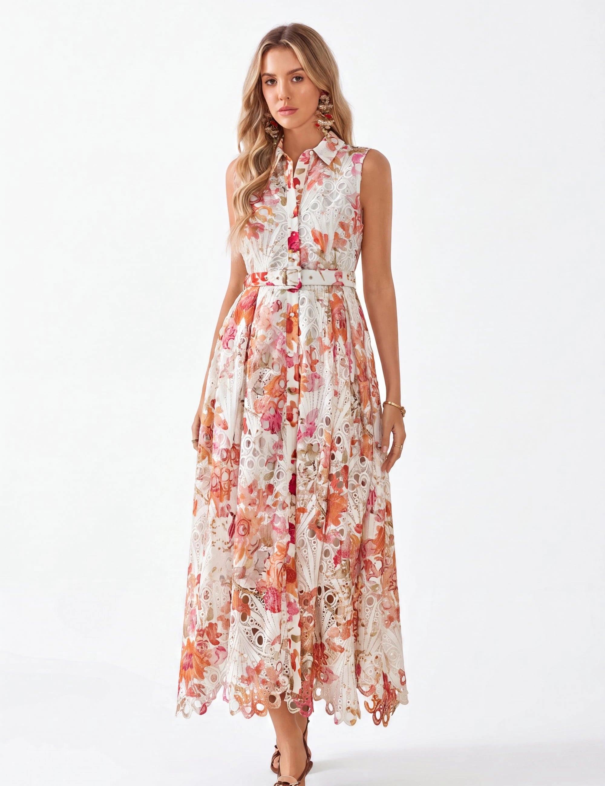 Elppis Sleeveless Cutout Lace Midi Shirt Dress, white-background full-length front view on model — SKU 1J5K09813BR