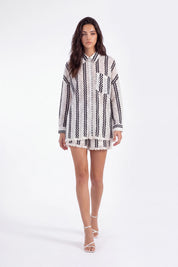 White Sheer Button-Up Shirt with Black Wave Embroidery on model, studio view 2 – Elppis T3F7388BG
