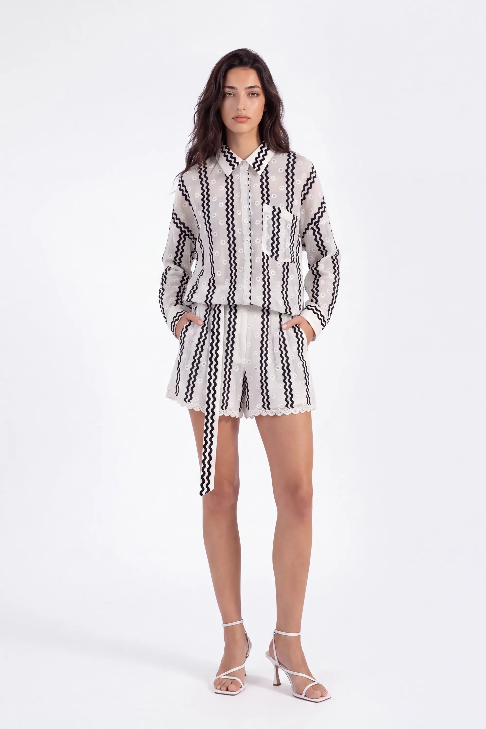 White Sheer Button-Up Shirt with Black Wave Embroidery on model, studio view 3 – Elppis T3F7388BG