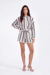 White Belted Shorts with Black Wave Embroidery