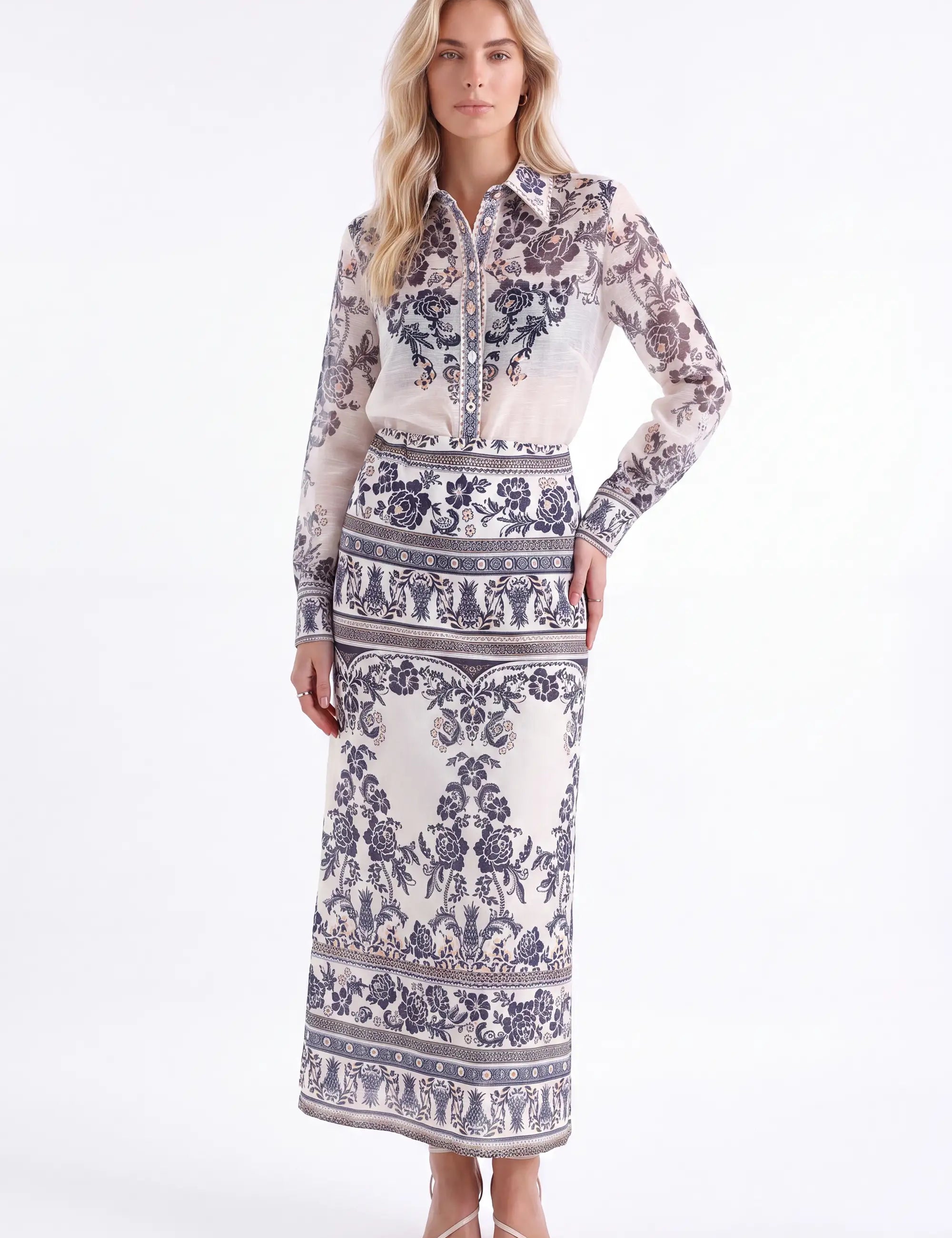 Two-Tone Ornate Pattern Maxi Skirt — model front view 1
