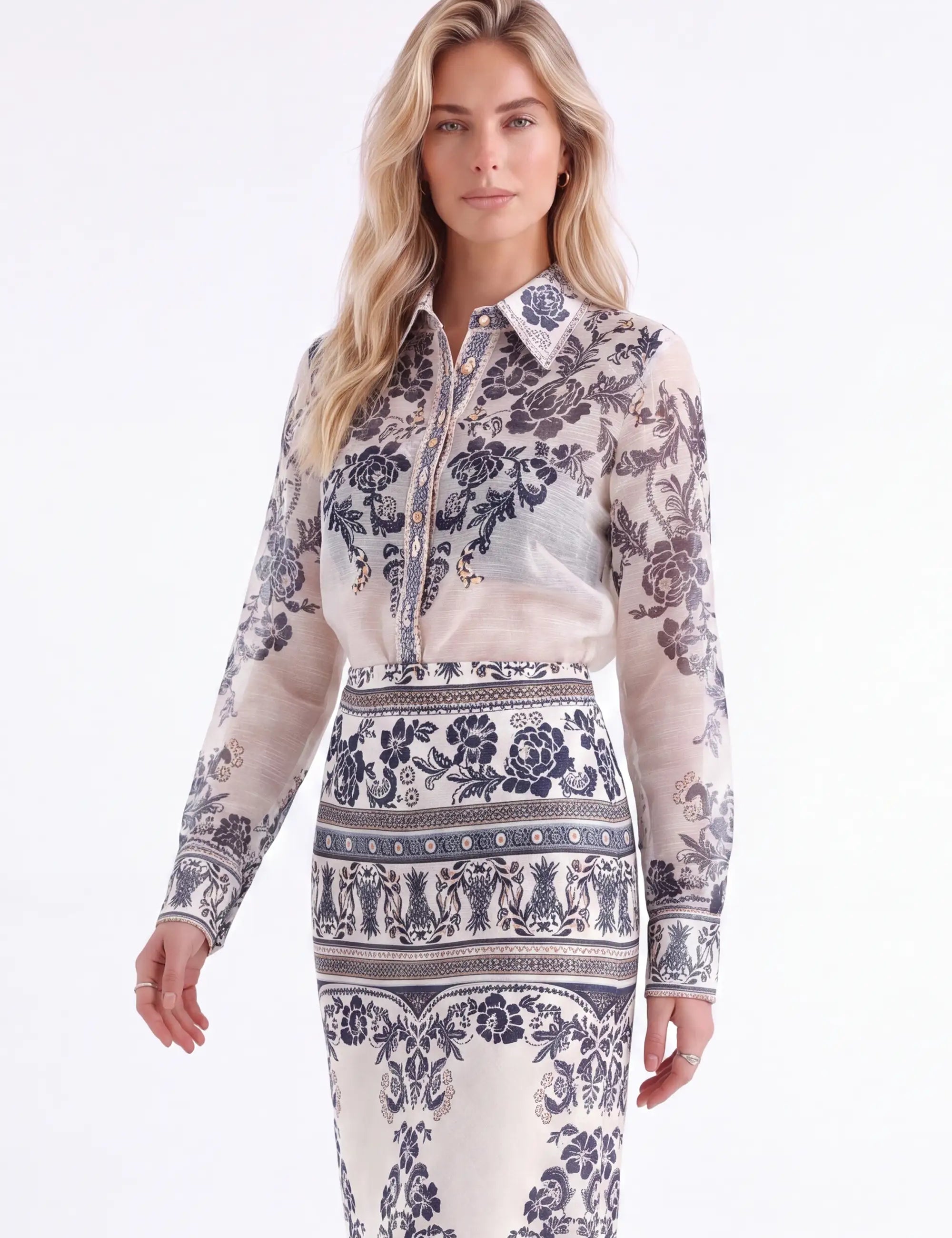 Two-Tone Ornate Pattern Maxi Skirt — model front view 2
