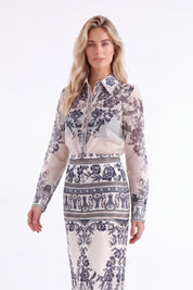 Two-Tone Ornate Pattern Maxi Skirt — model front view 2