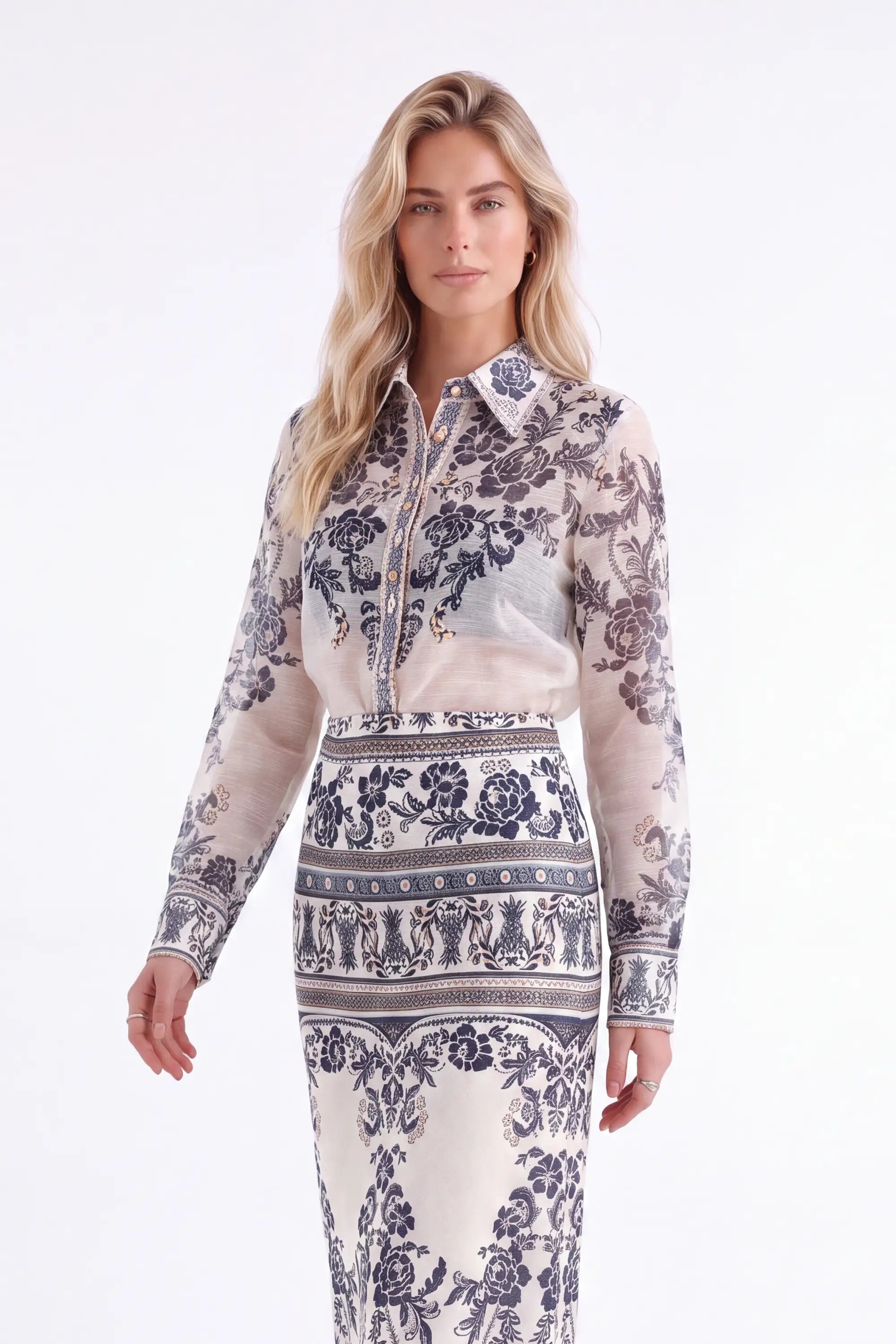 Two-Tone Ornate Pattern Maxi Skirt — model front view 2