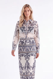 Two-Tone Ornate Pattern Maxi Skirt — model front view 3