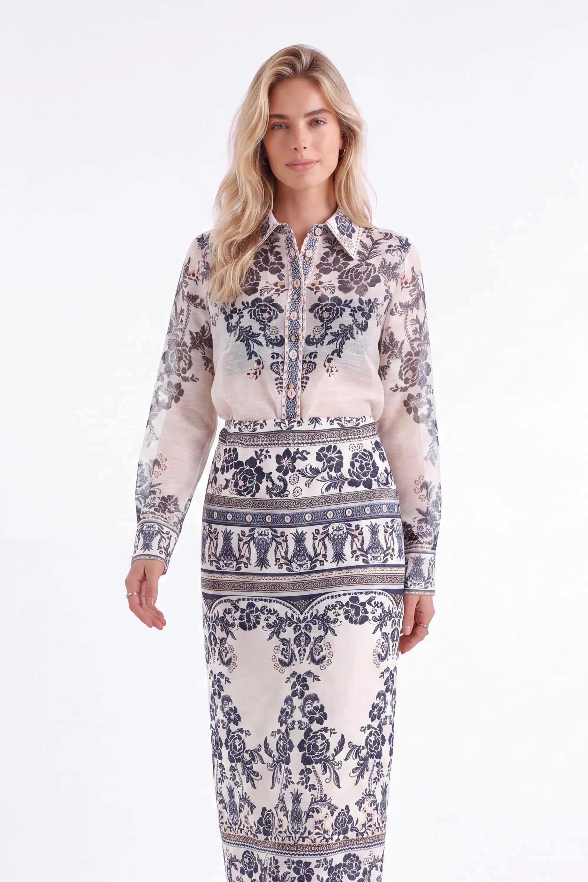Two-Tone Ornate Pattern Maxi Skirt — model front view 3