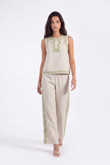 Beige Sleeveless Top with Green Embroidery