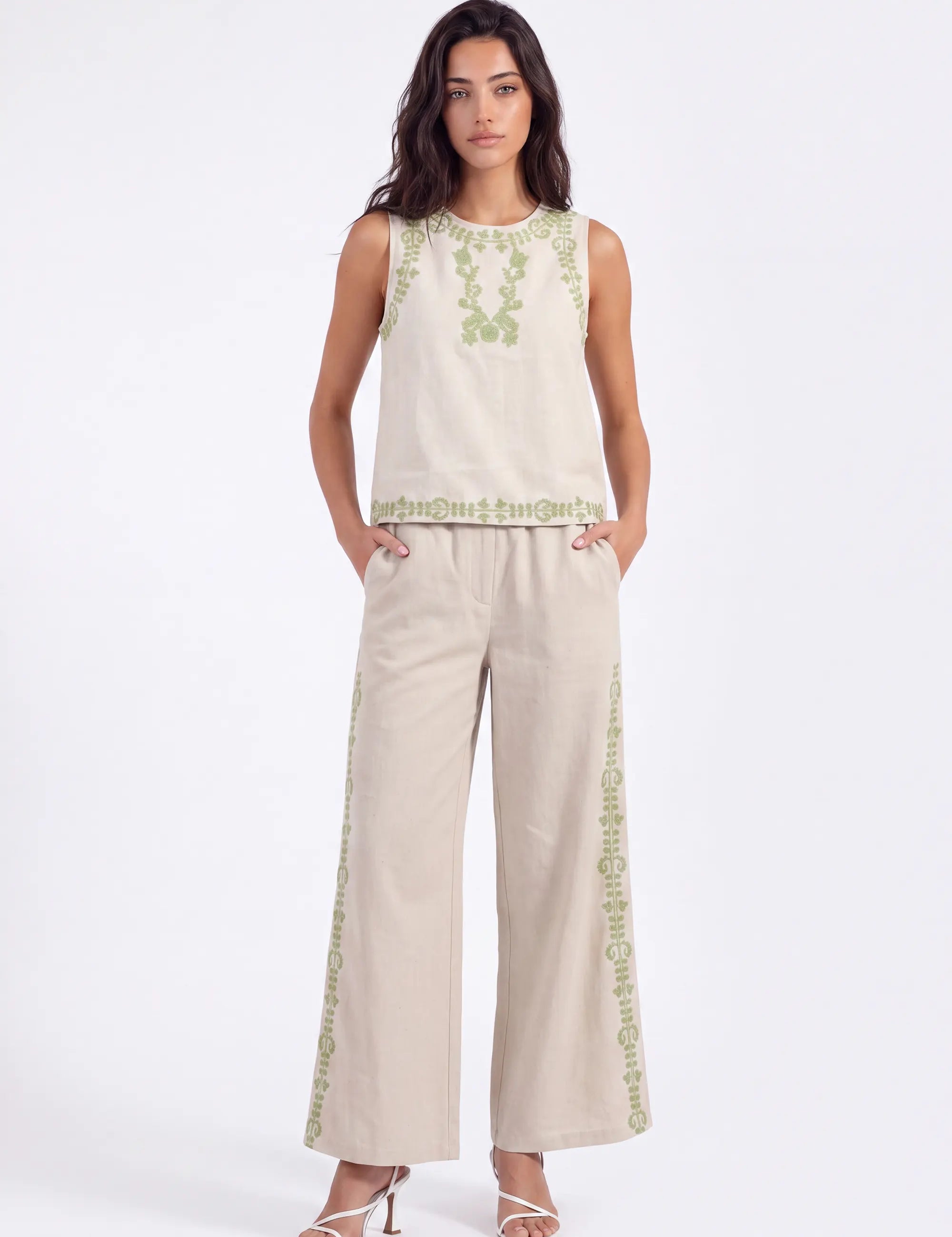 Beige Sleeveless Top with Green Embroidery on model, studio view 2 – Elppis UV3D9796F