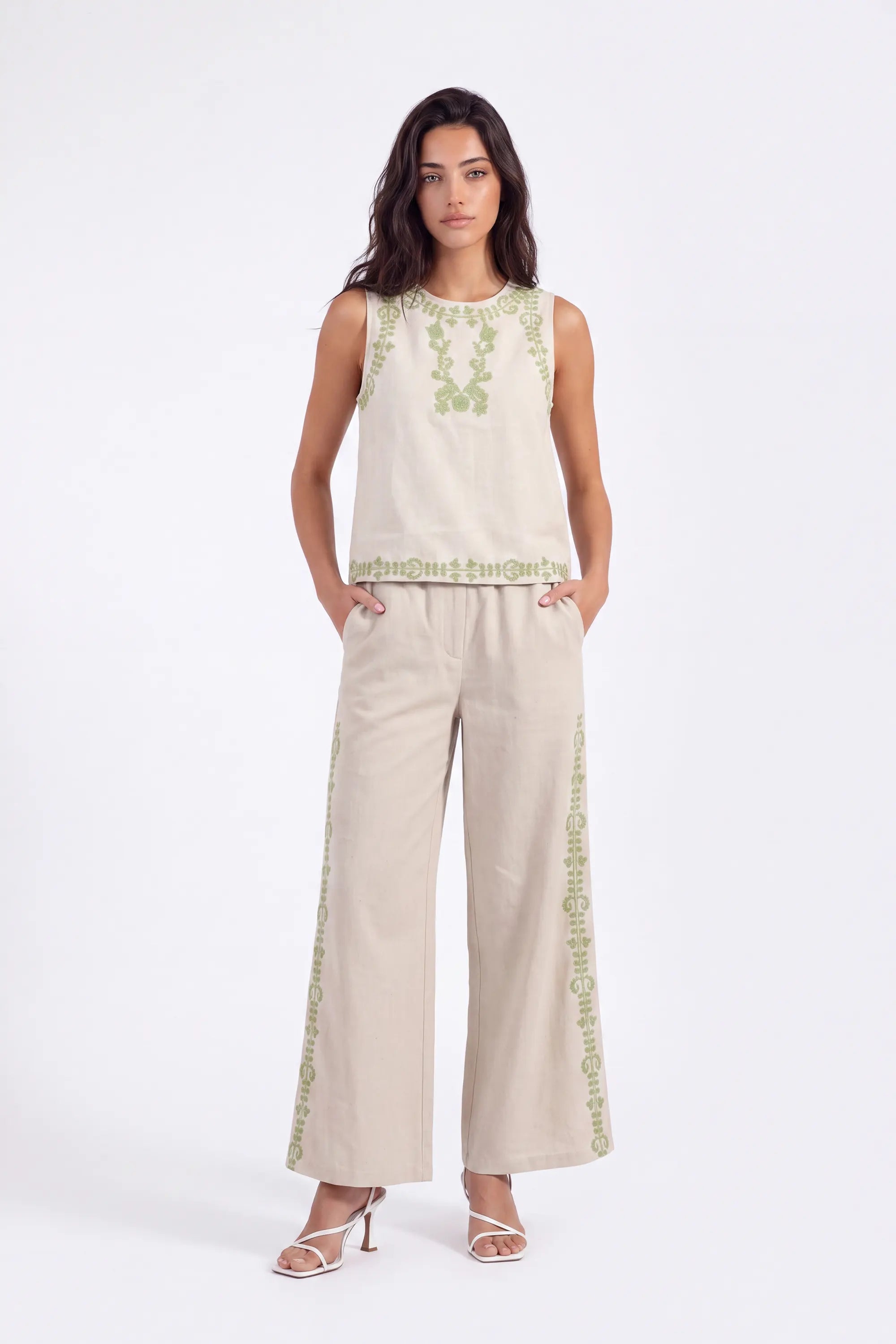 Beige Sleeveless Top with Green Embroidery on model, studio view 2 – Elppis UV3D9796F