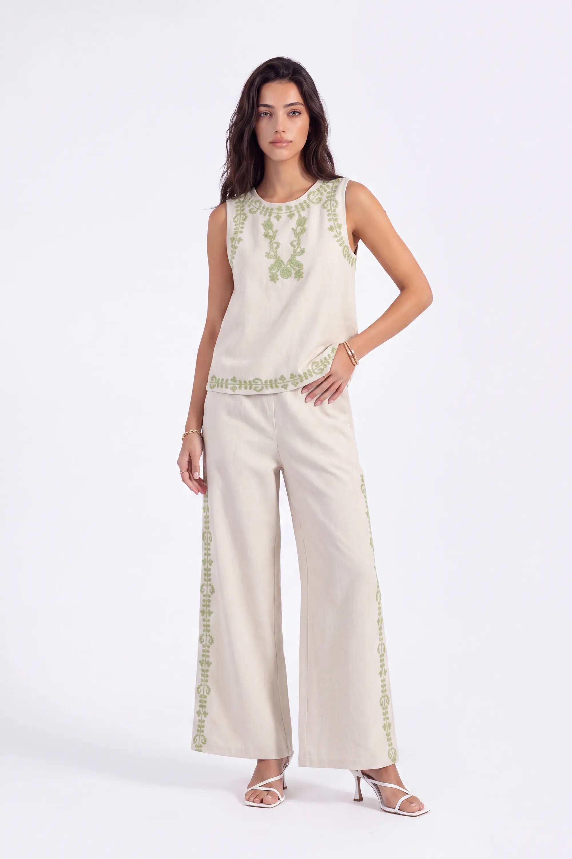 Beige Sleeveless Top with Green Embroidery on model, studio view 3 – Elppis UV3D9796F