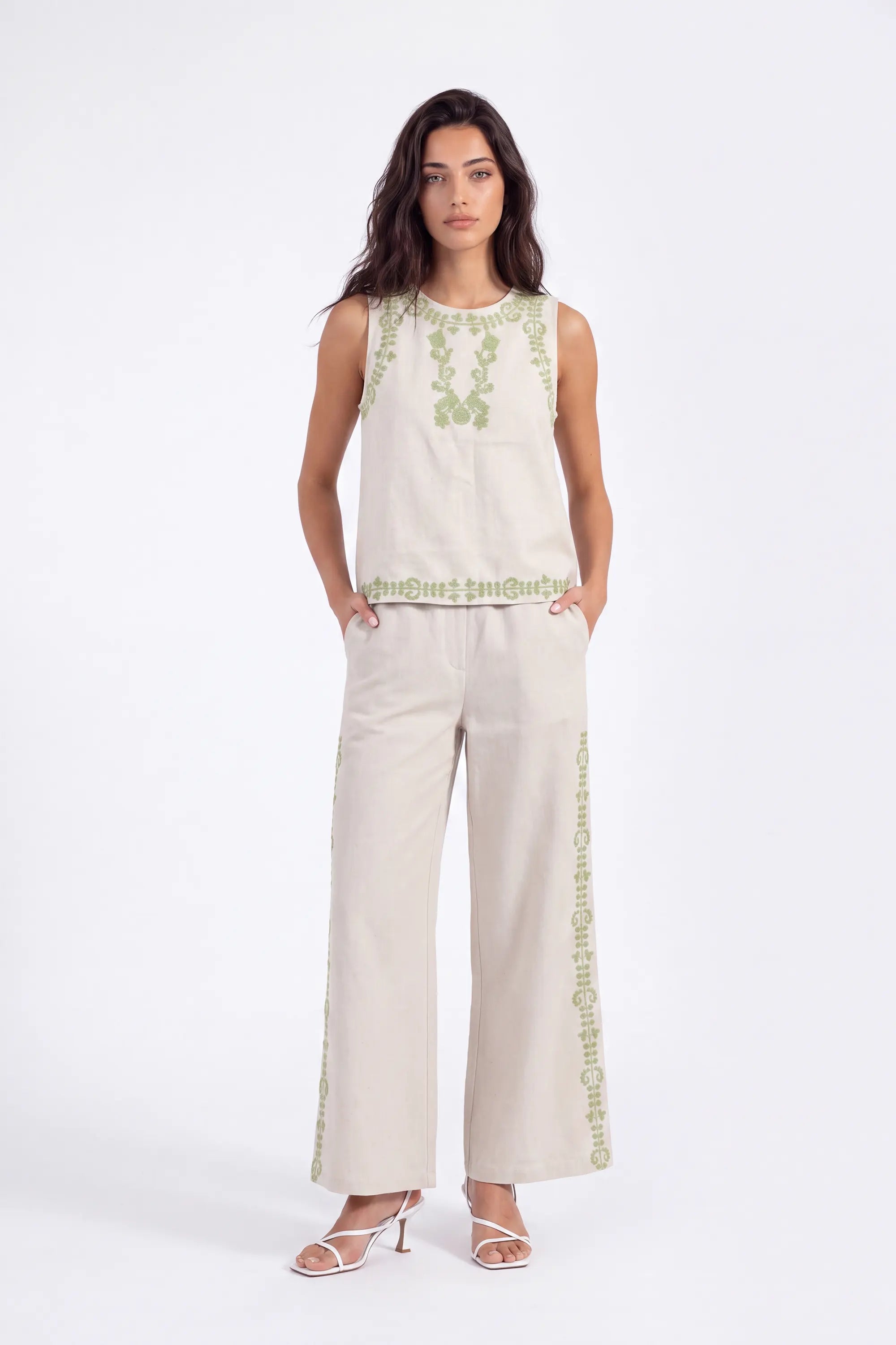 Beige Sleeveless Top with Green Embroidery on model, studio view 4 – Elppis UV3D9796F