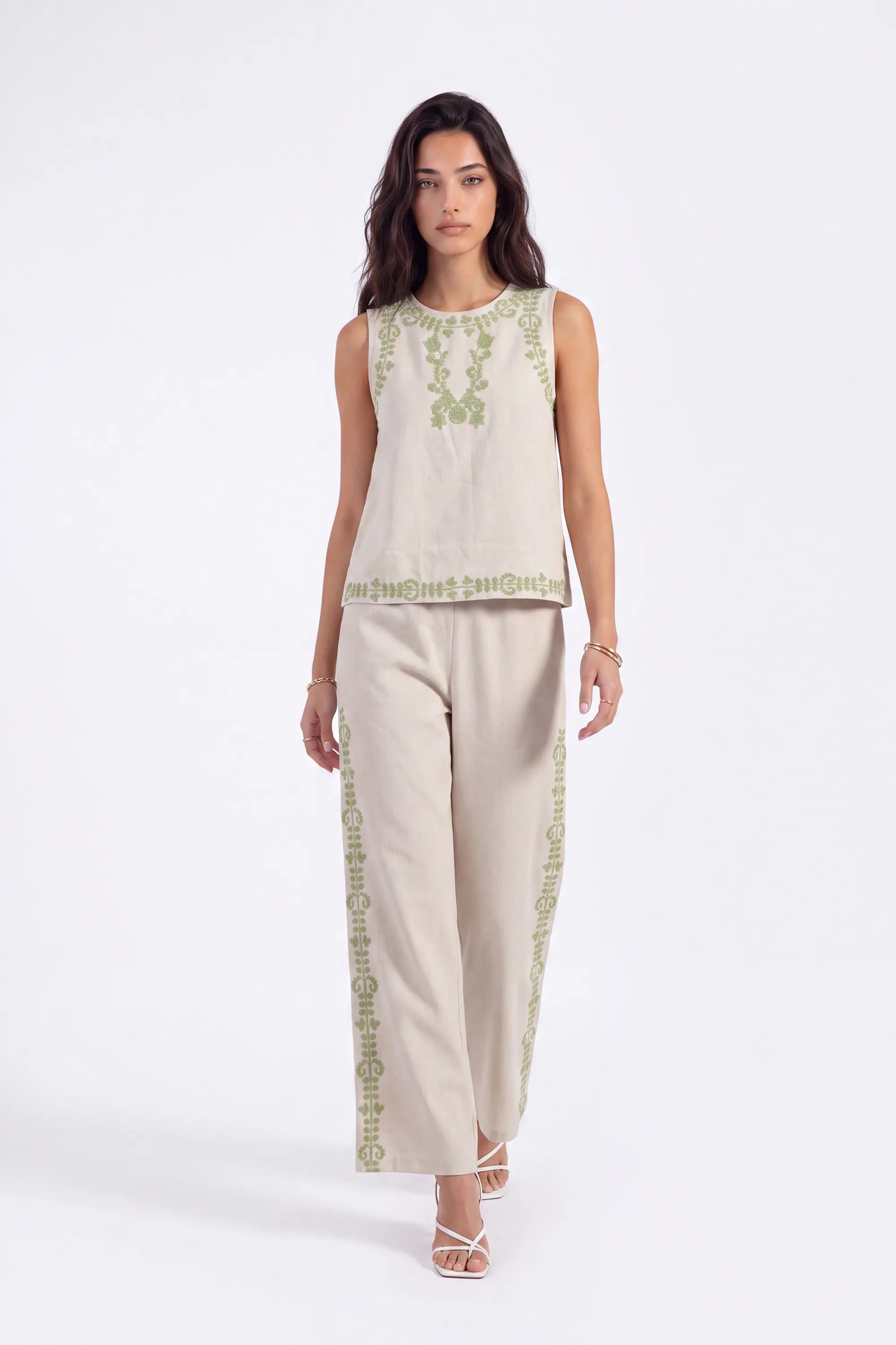 Beige Wide-Leg Pants with Green Side Embroidery on model, front view – Elppis UV3I9797F