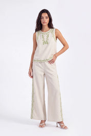 Beige Wide-Leg Pants with Green Side Embroidery on model, studio view 3 – Elppis UV3I9797F