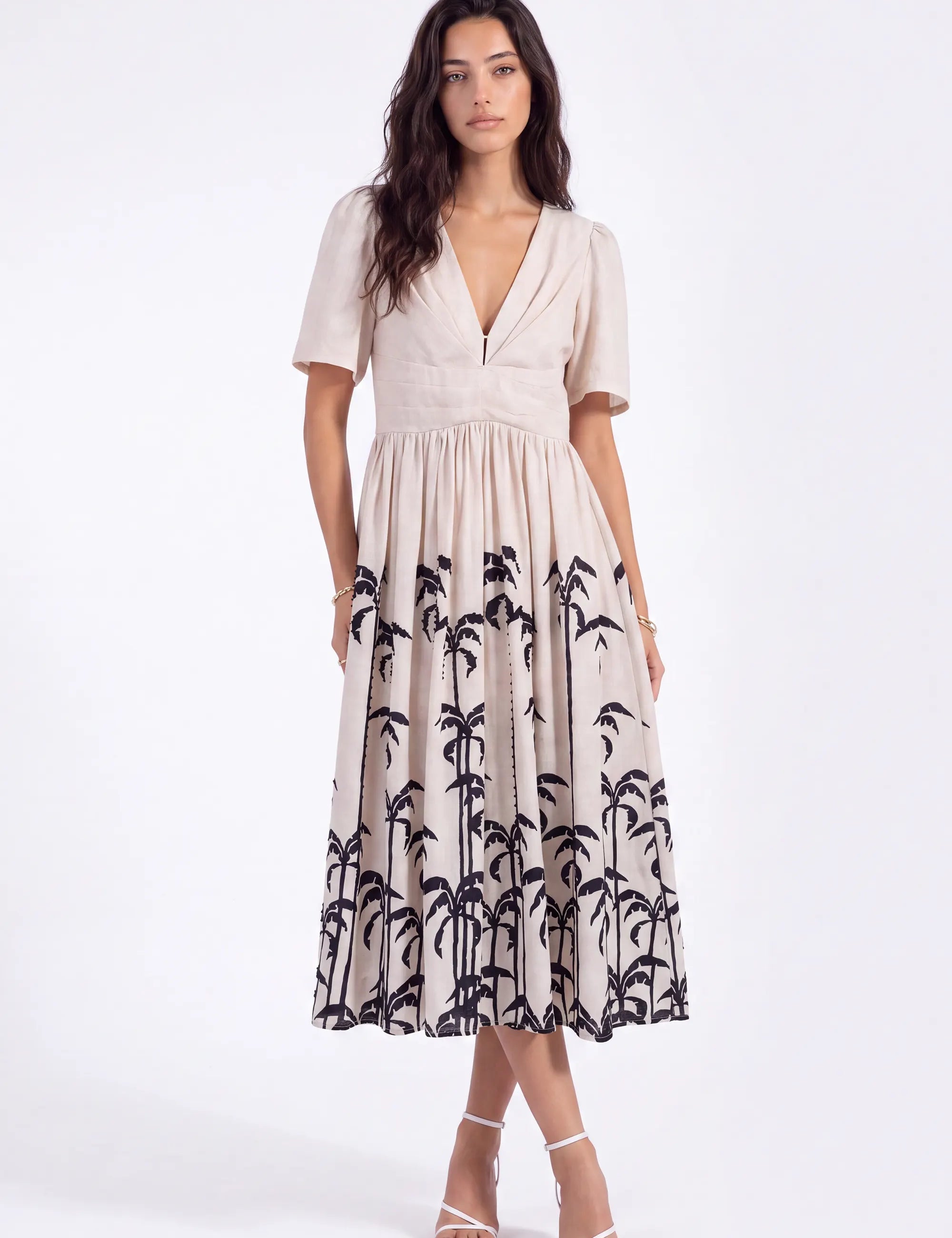 Beige Linen-Blend Midi Dress with Black Palm Tree Print on model, front view – Elppis UV3K9494F-2-F-01BS