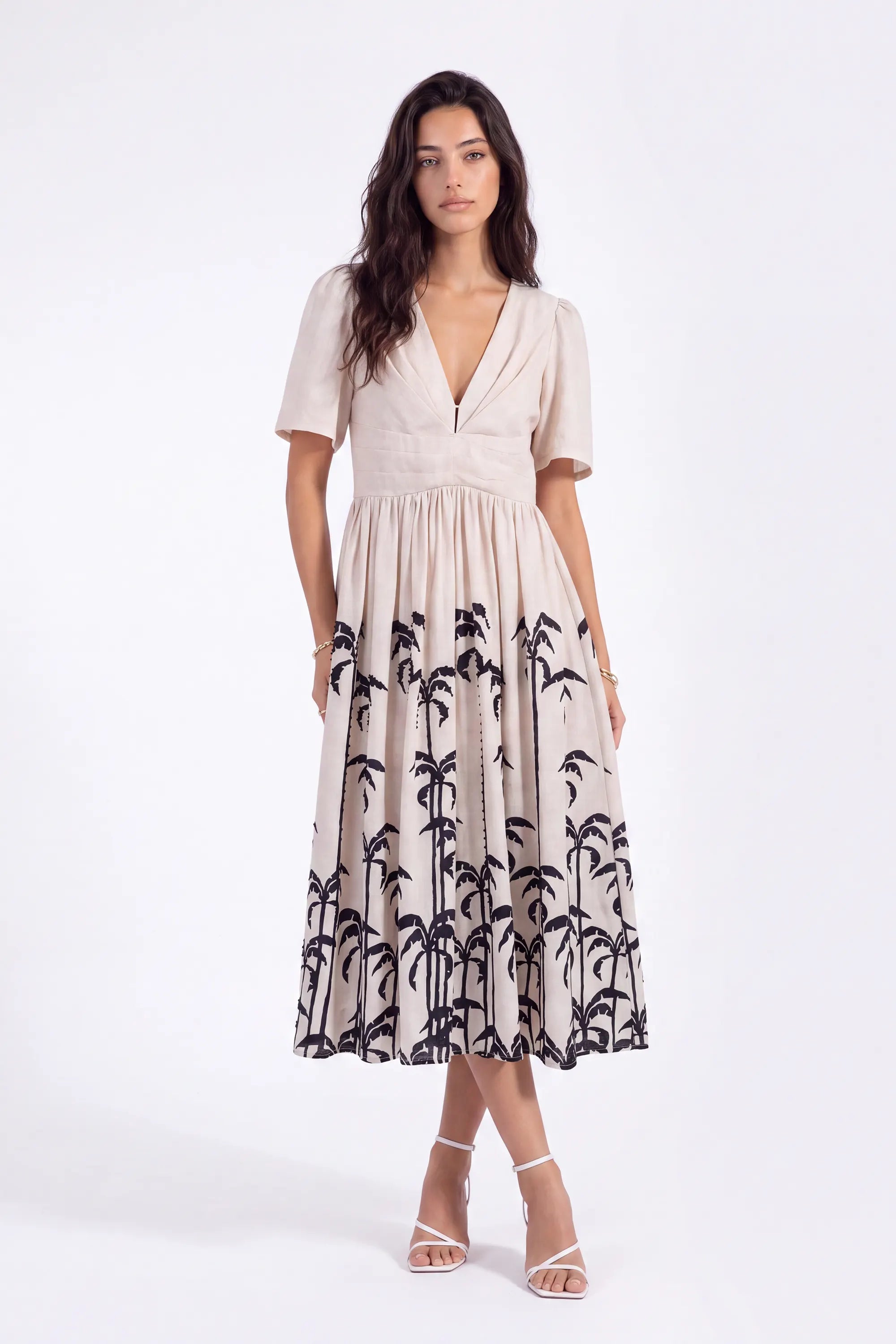 Beige Linen-Blend Midi Dress with Black Palm Tree Print on model, front view – Elppis UV3K9494F-2-F-01BS