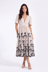 Beige Linen-Blend Midi Dress with Black Palm Tree Print
