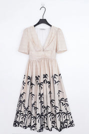 Beige Linen-Blend Midi Dress with Black Palm Tree Print product detail 1 – Elppis UV3K9494F-2-F-01BS