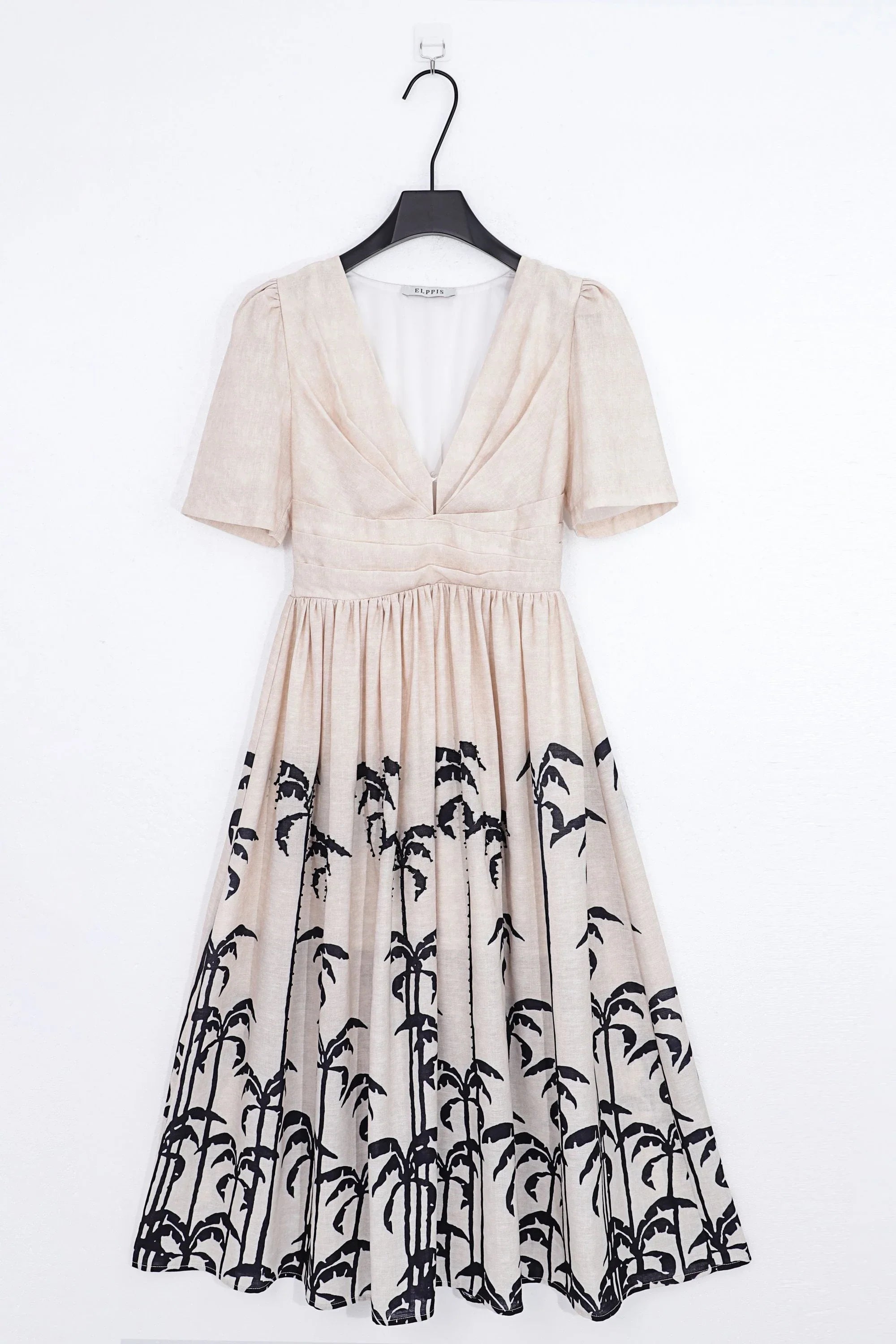 Beige Linen-Blend Midi Dress with Black Palm Tree Print product detail 1 – Elppis UV3K9494F-2-F-01BS