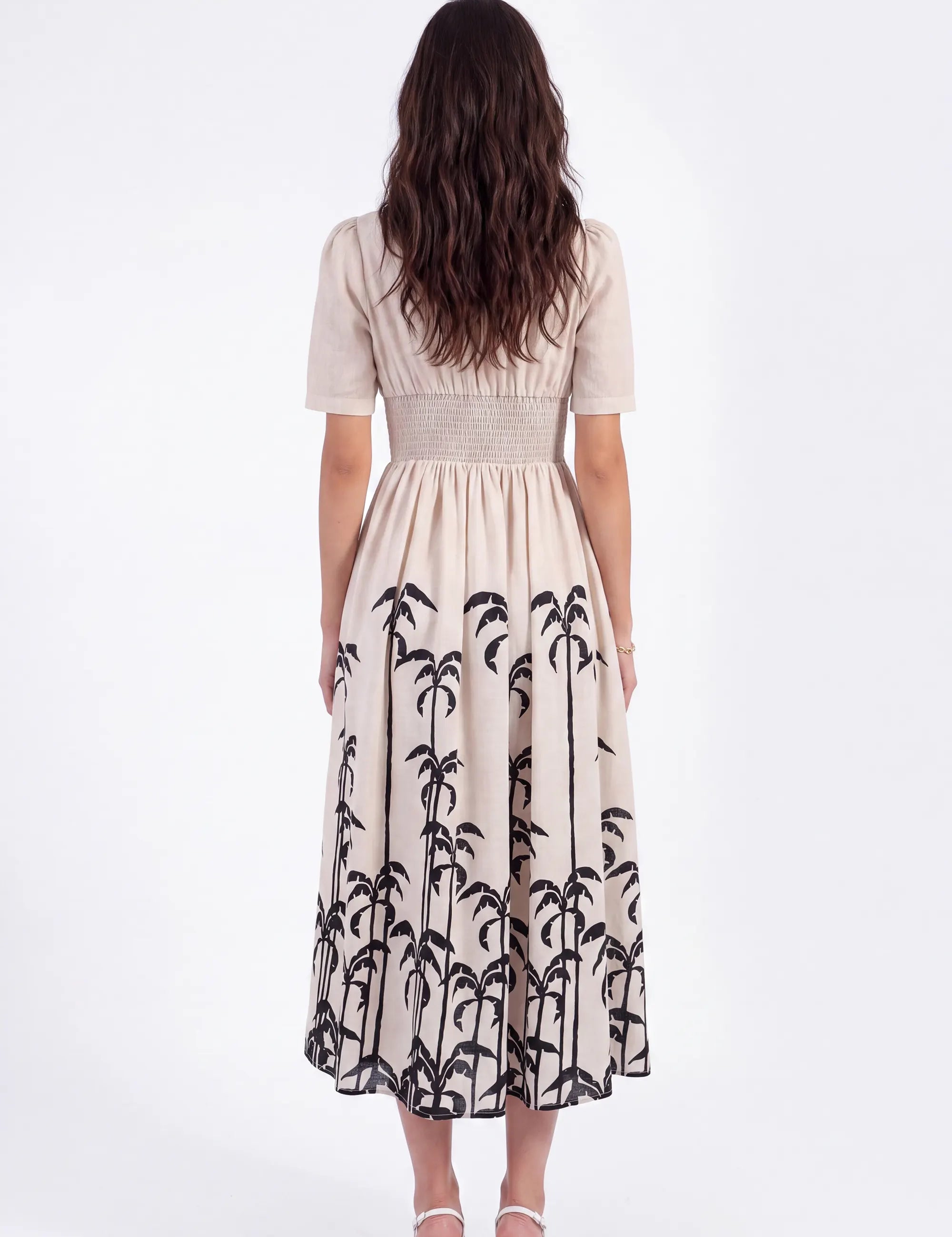 Beige Linen-Blend Midi Dress with Black Palm Tree Print on model, studio view 2 – Elppis UV3K9494F-2-F-01BS