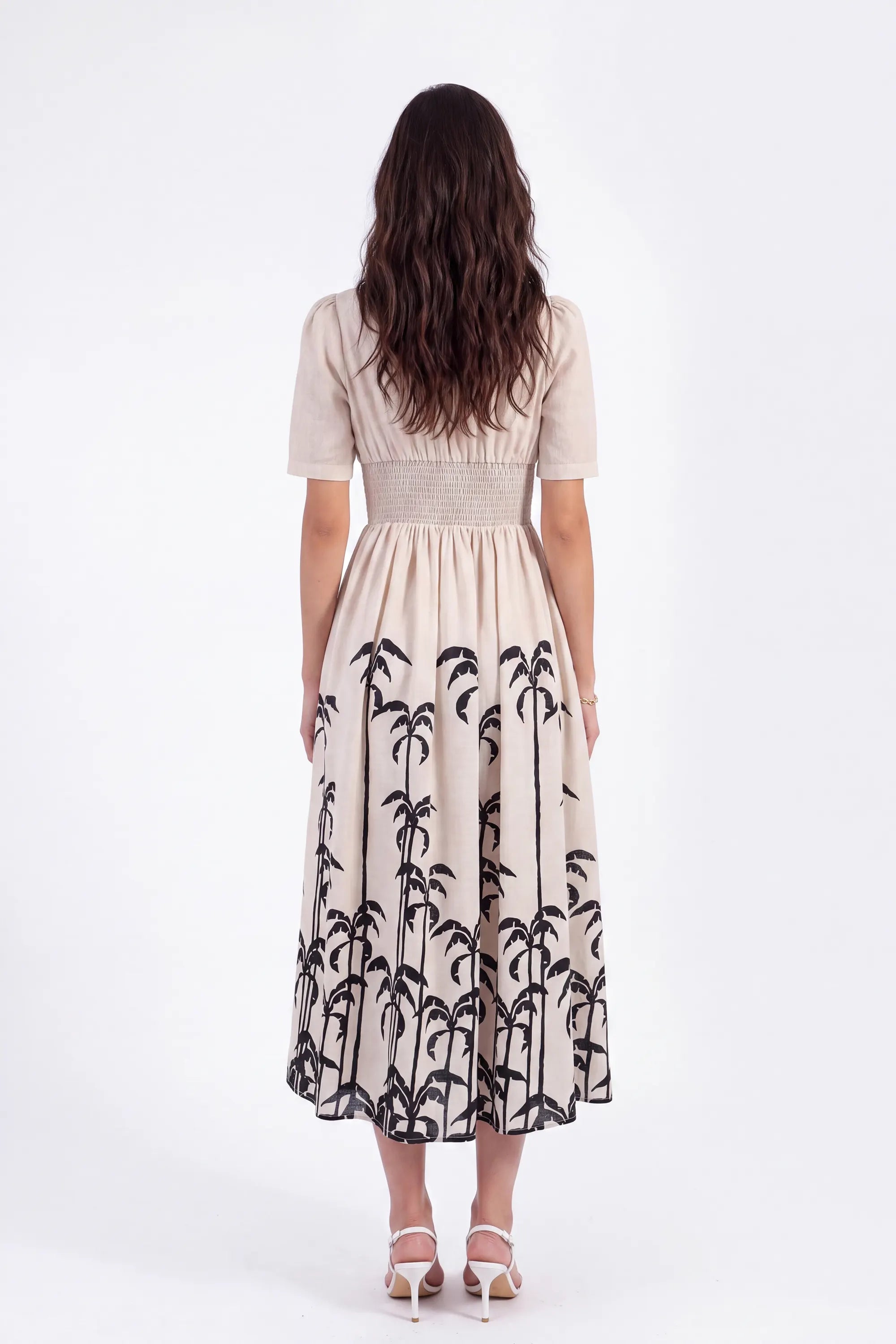 Beige Linen-Blend Midi Dress with Black Palm Tree Print on model, studio view 2 – Elppis UV3K9494F-2-F-01BS