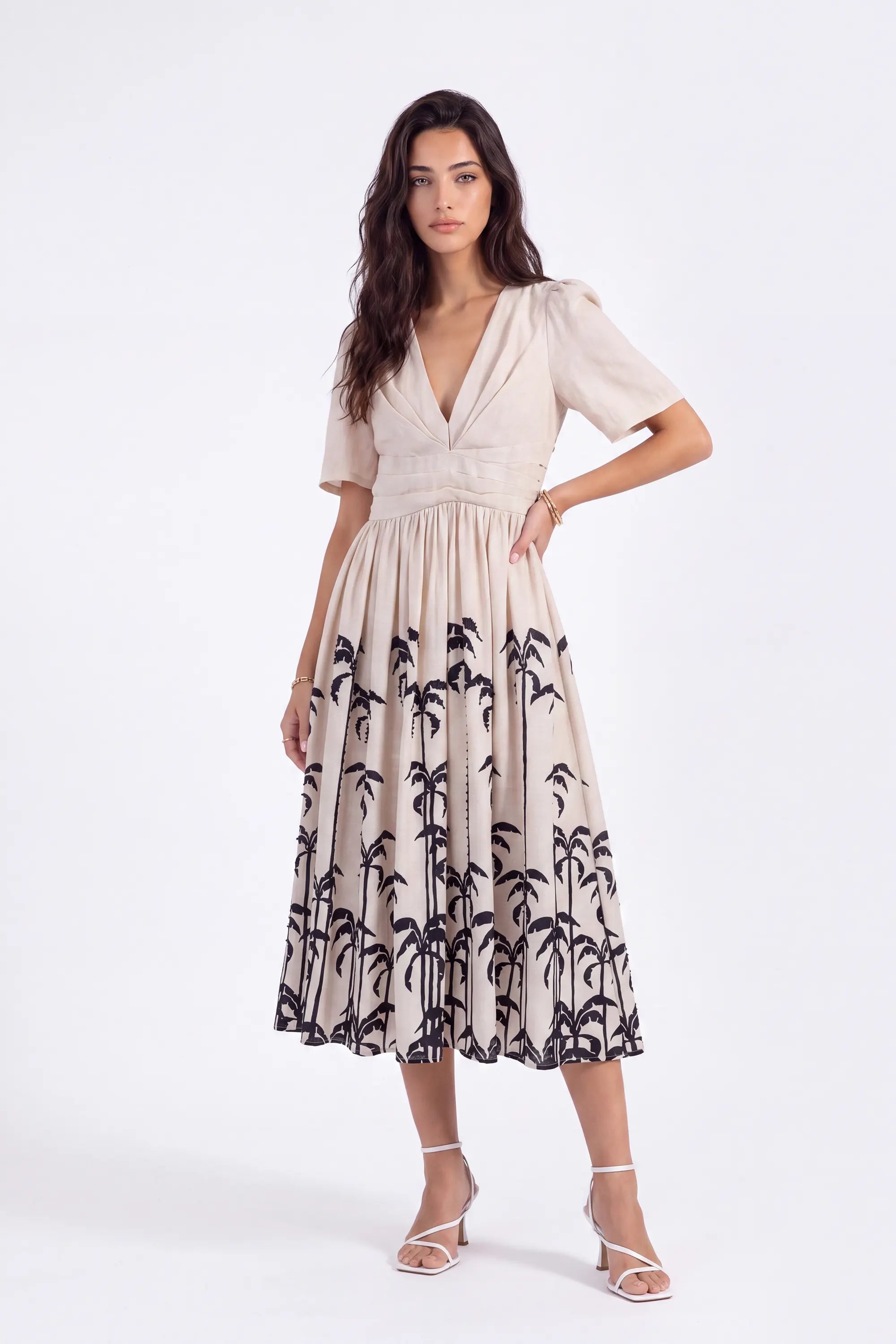 Beige Linen-Blend Midi Dress with Black Palm Tree Print on model, studio view 3 – Elppis UV3K9494F-2-F-01BS