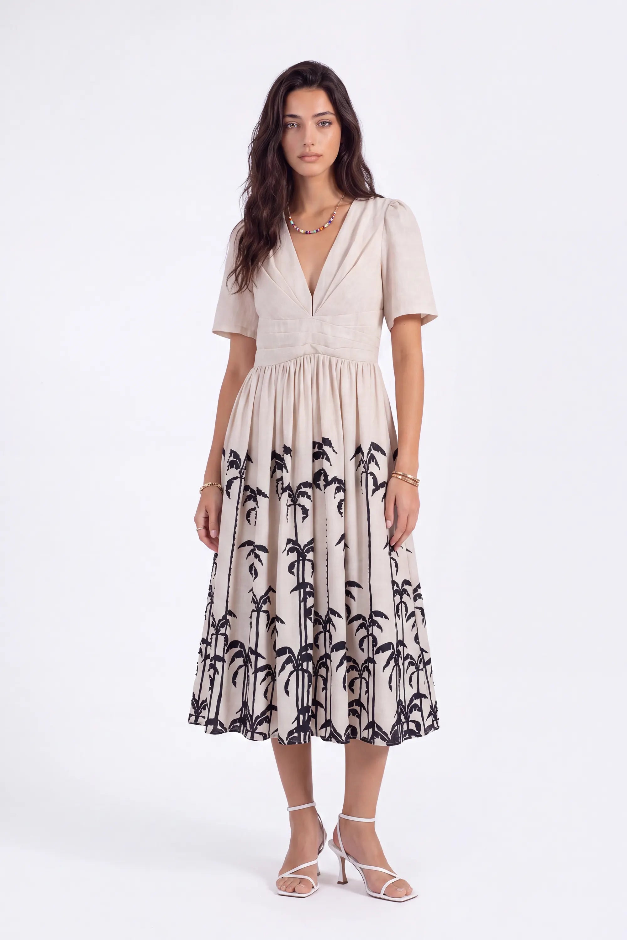 Beige Linen-Blend Midi Dress with Black Palm Tree Print on model, studio view 4 – Elppis UV3K9494F-2-F-01BS