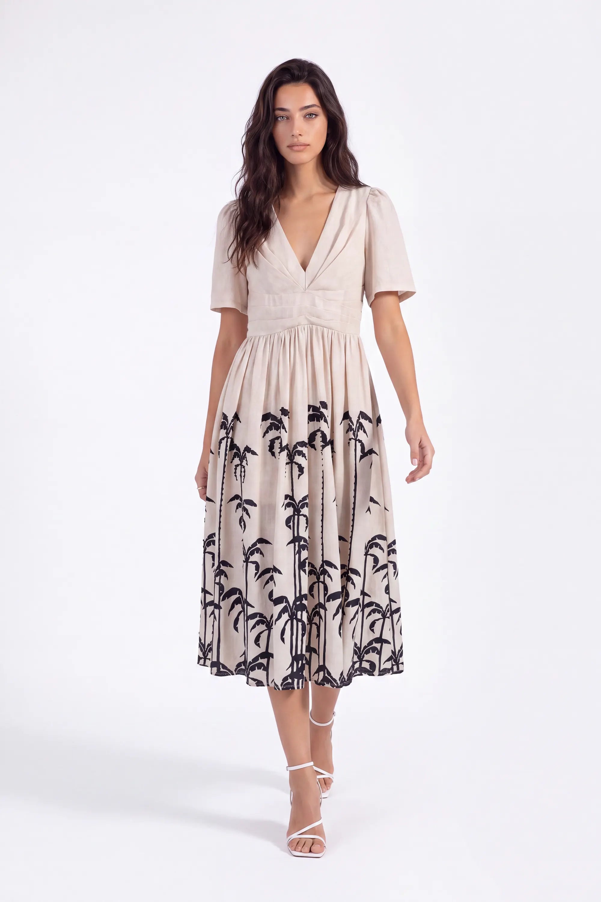 Beige Linen-Blend Midi Dress with Black Palm Tree Print on model, studio view 5 – Elppis UV3K9494F-2-F-01BS