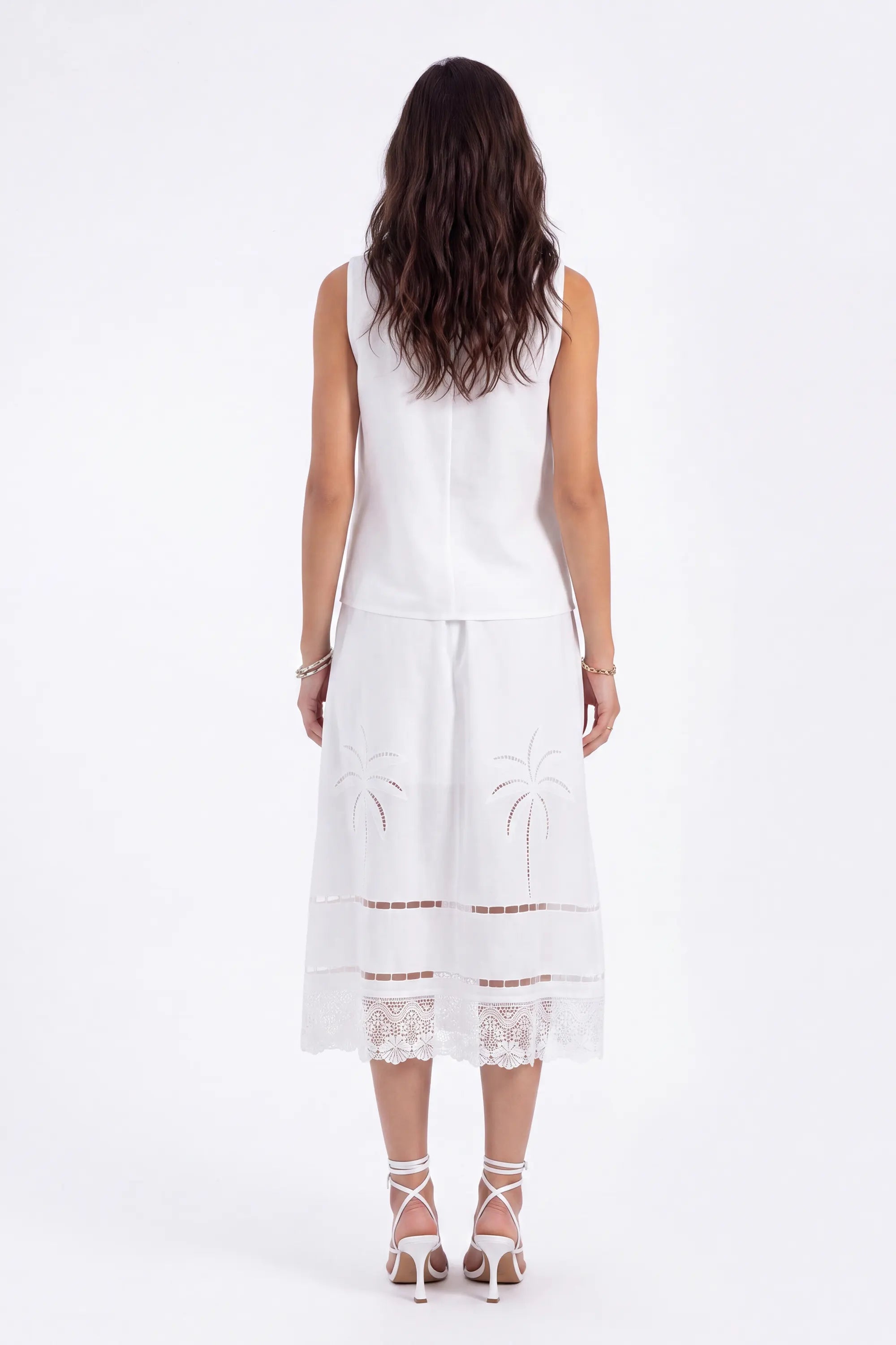 White Linen Midi Skirt with Palm Tree Eyelet and Lace Detail on model, back view – Elppis UV4J9811F