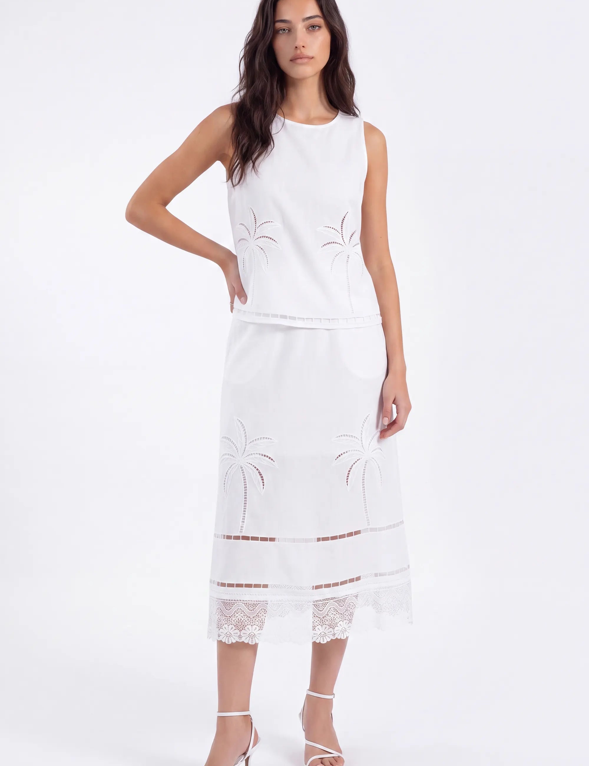 White Linen Midi Skirt with Palm Tree Eyelet and Lace Detail on model, front view – Elppis UV4J9811F