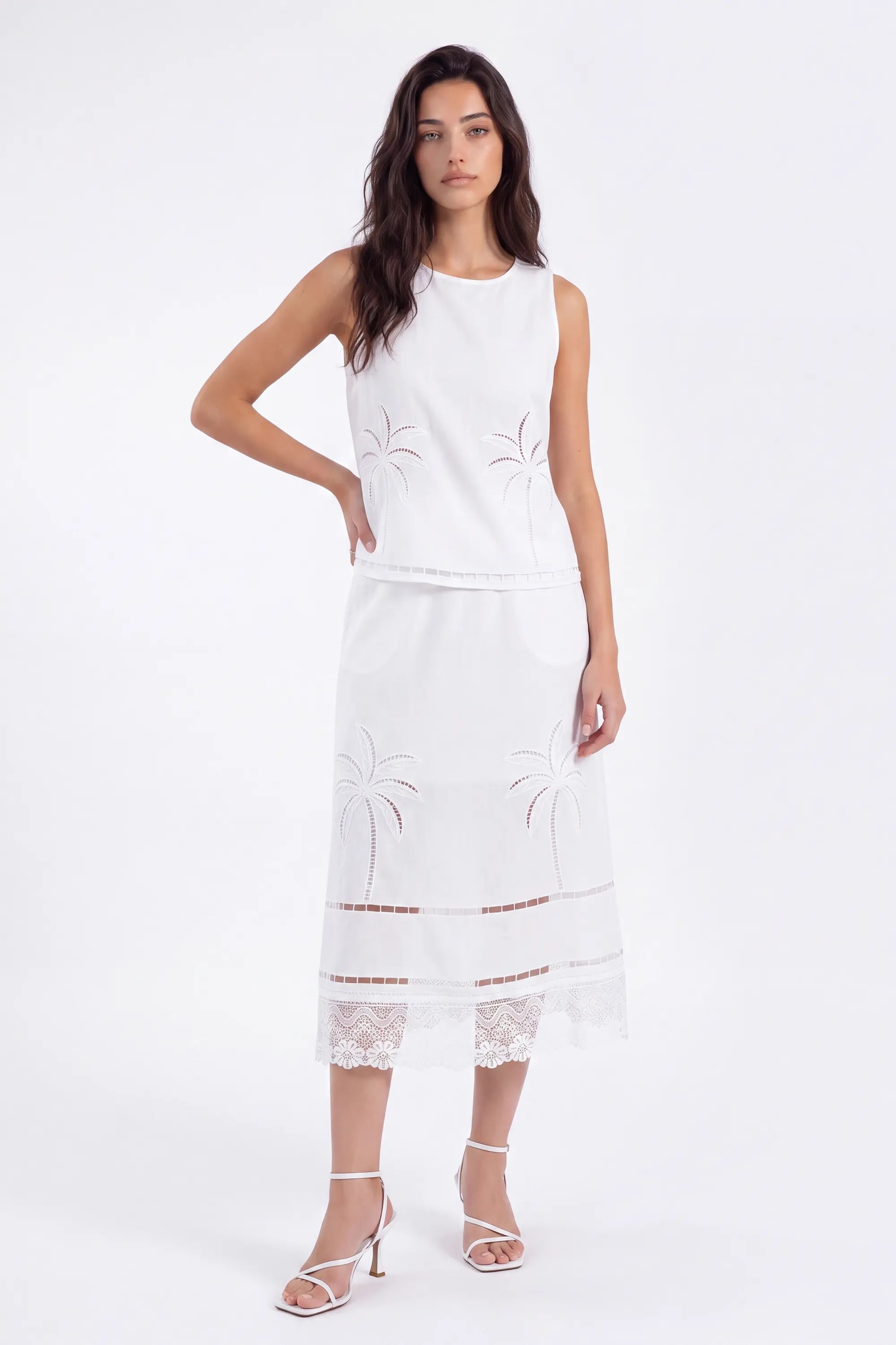 White Linen Midi Skirt with Palm Tree Eyelet and Lace Detail on model, front view – Elppis UV4J9811F