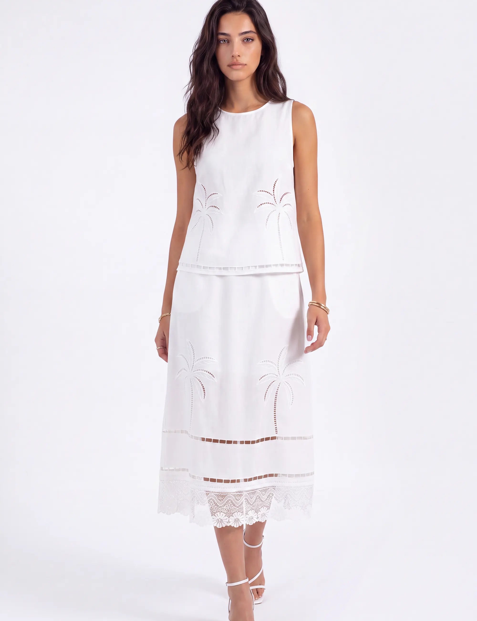 White Linen Midi Skirt with Palm Tree Eyelet and Lace Detail on model, studio view 2 – Elppis UV4J9811F