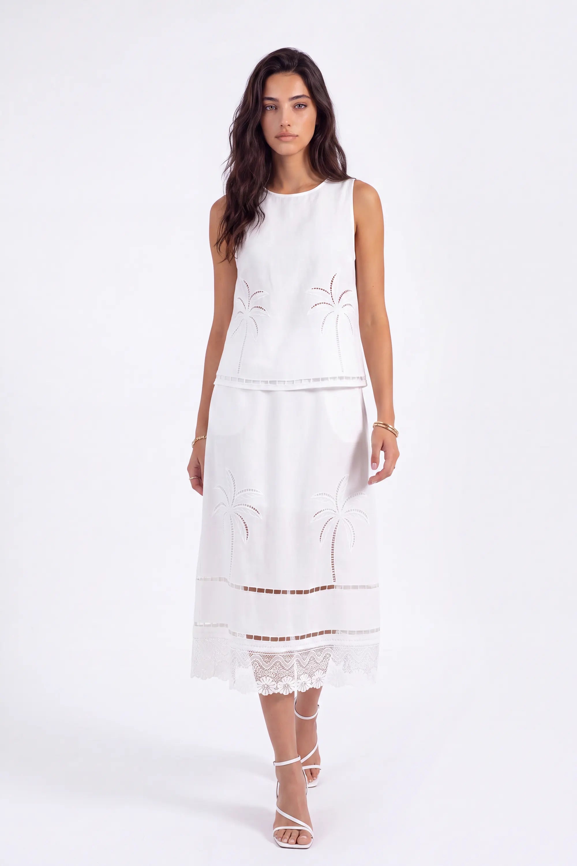 White Linen Midi Skirt with Palm Tree Eyelet and Lace Detail on model, studio view 2 – Elppis UV4J9811F