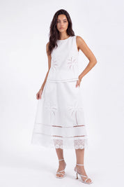 White Linen Midi Skirt with Palm Tree Eyelet and Lace Detail on model, studio view 3 – Elppis UV4J9811F