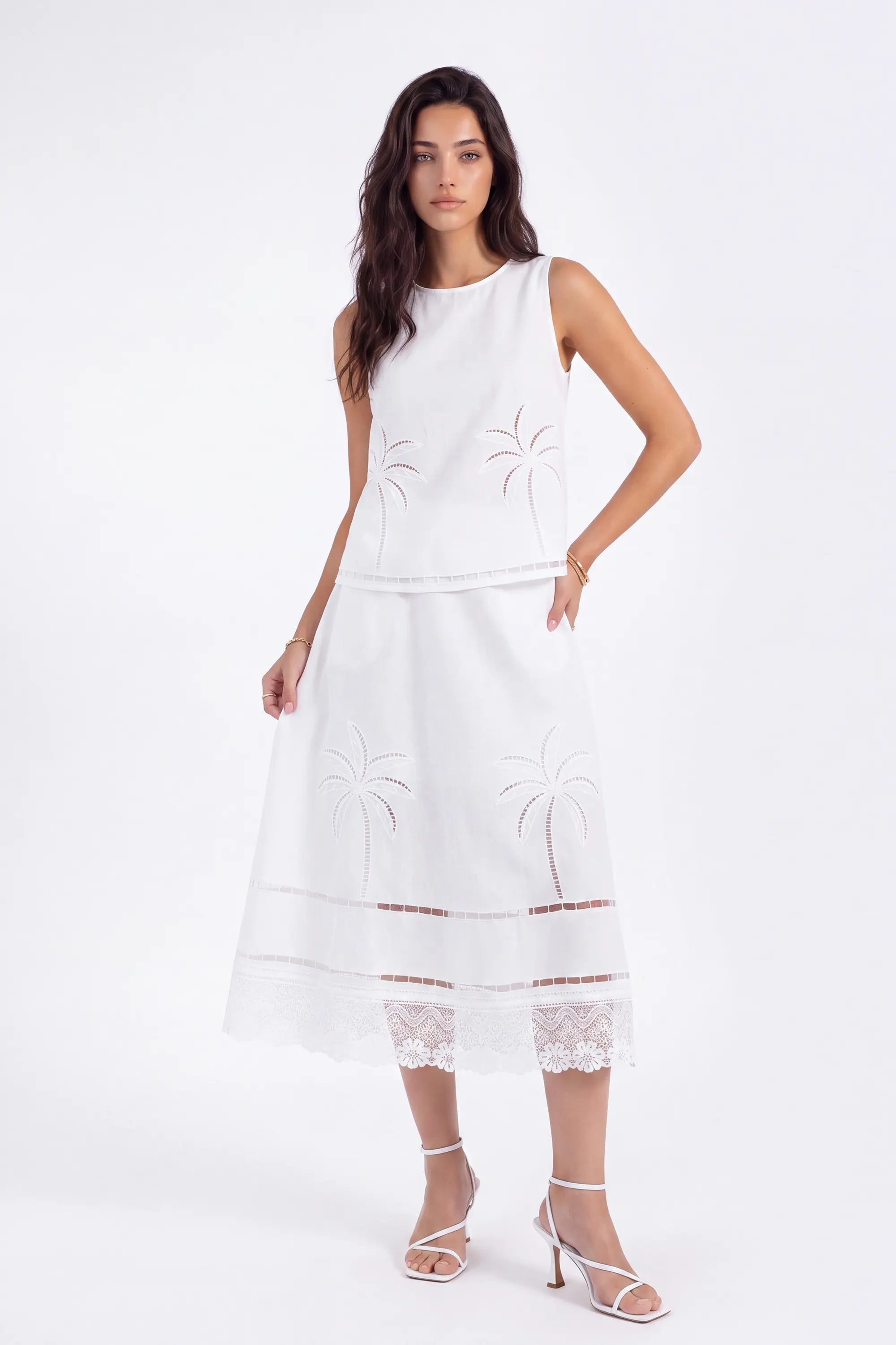 White Linen Midi Skirt with Palm Tree Eyelet and Lace Detail on model, studio view 3 – Elppis UV4J9811F
