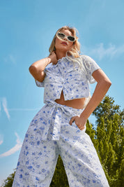 Elppis White and Blue Floral Quilted Short-Sleeve Blouse, editorial styling view on model — SKU JD4E5565BO