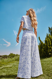 Elppis White and Blue Floral Quilted Short-Sleeve Blouse, editorial styling view on model — SKU JD4E5565BO