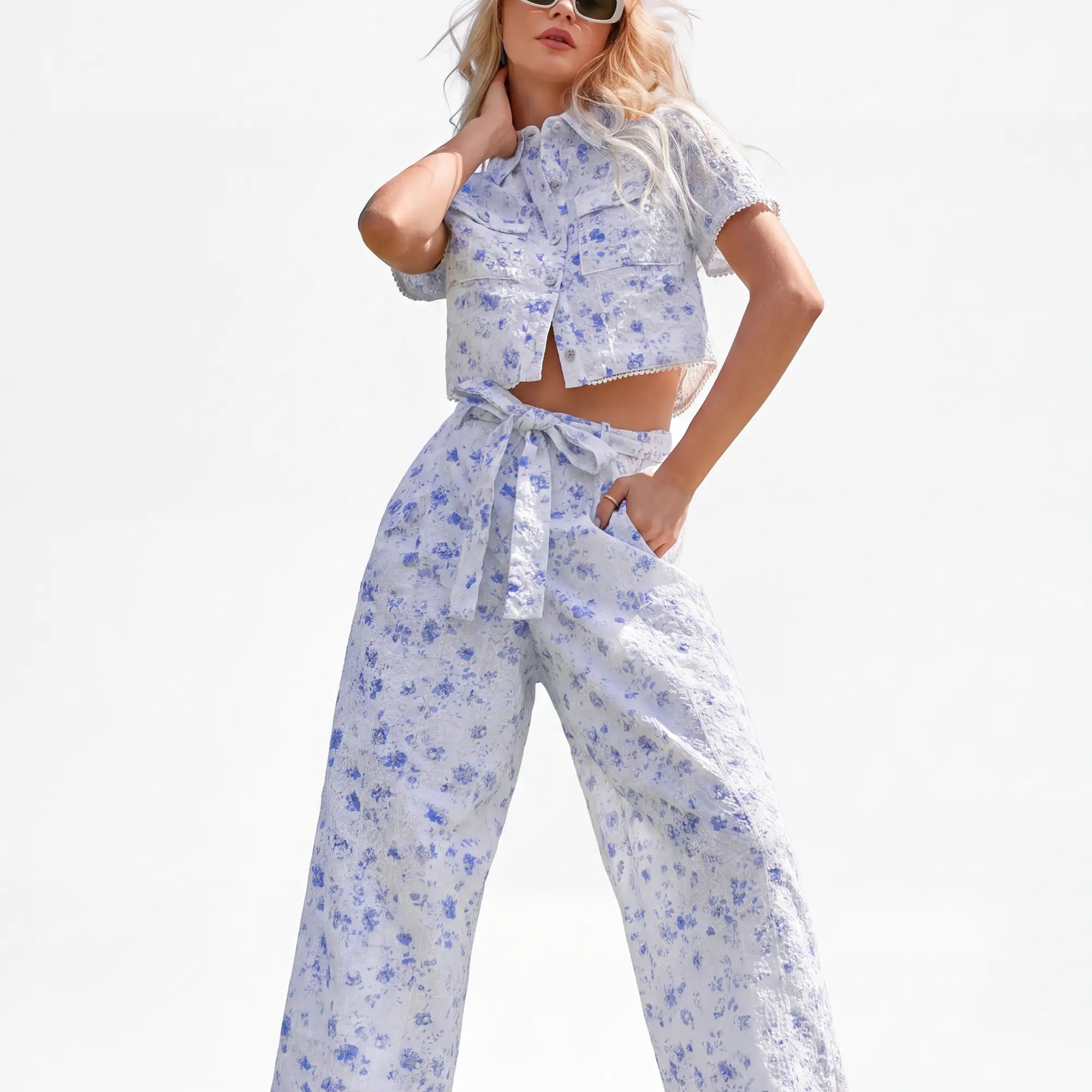 Elppis White and Blue Floral Quilted Short-Sleeve Blouse, white-background full-length front view on model — SKU JD4E5565BO