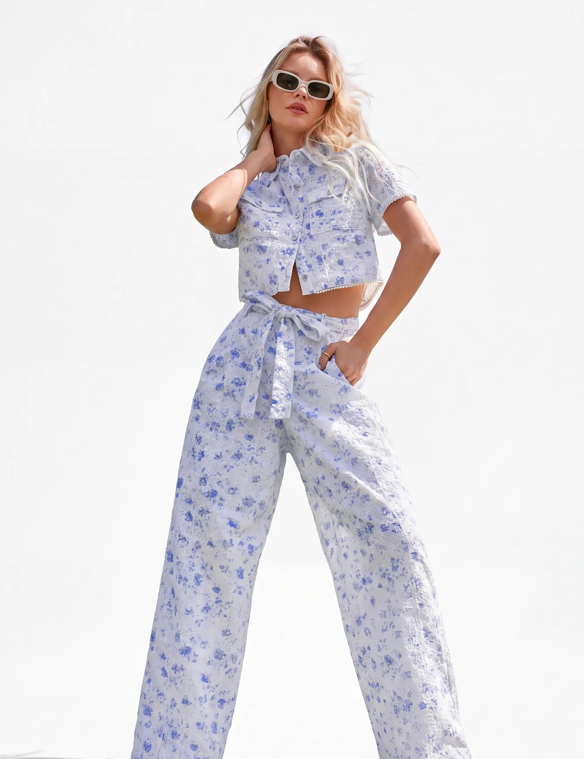 Elppis White and Blue Floral Quilted Short-Sleeve Blouse, white-background full-length front view on model — SKU JD4E5565BO