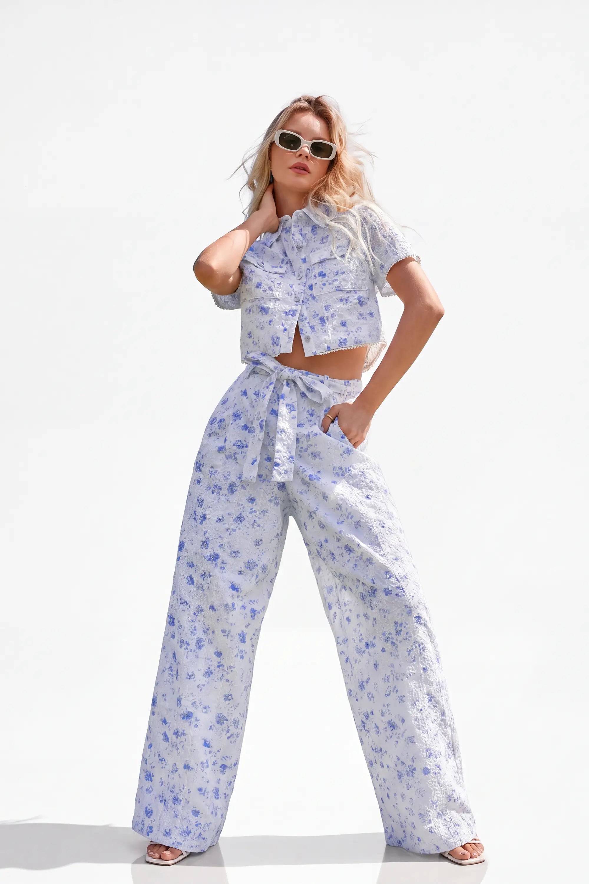 Elppis White and Blue Floral Quilted Short-Sleeve Blouse, white-background full-length front view on model — SKU JD4E5565BO