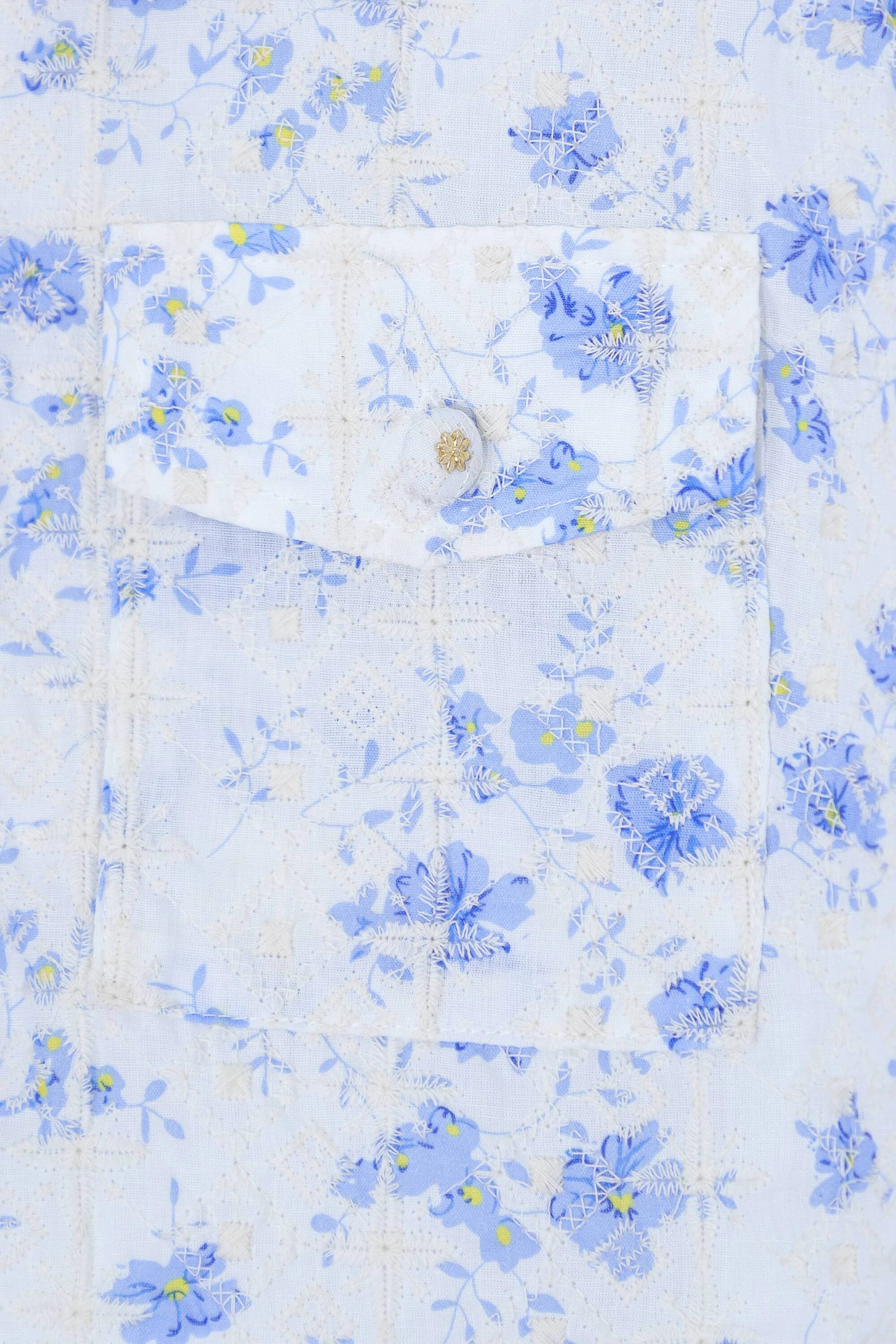 Elppis White and Blue Floral Quilted Short-Sleeve Blouse, product detail view — SKU JD4E5565BO