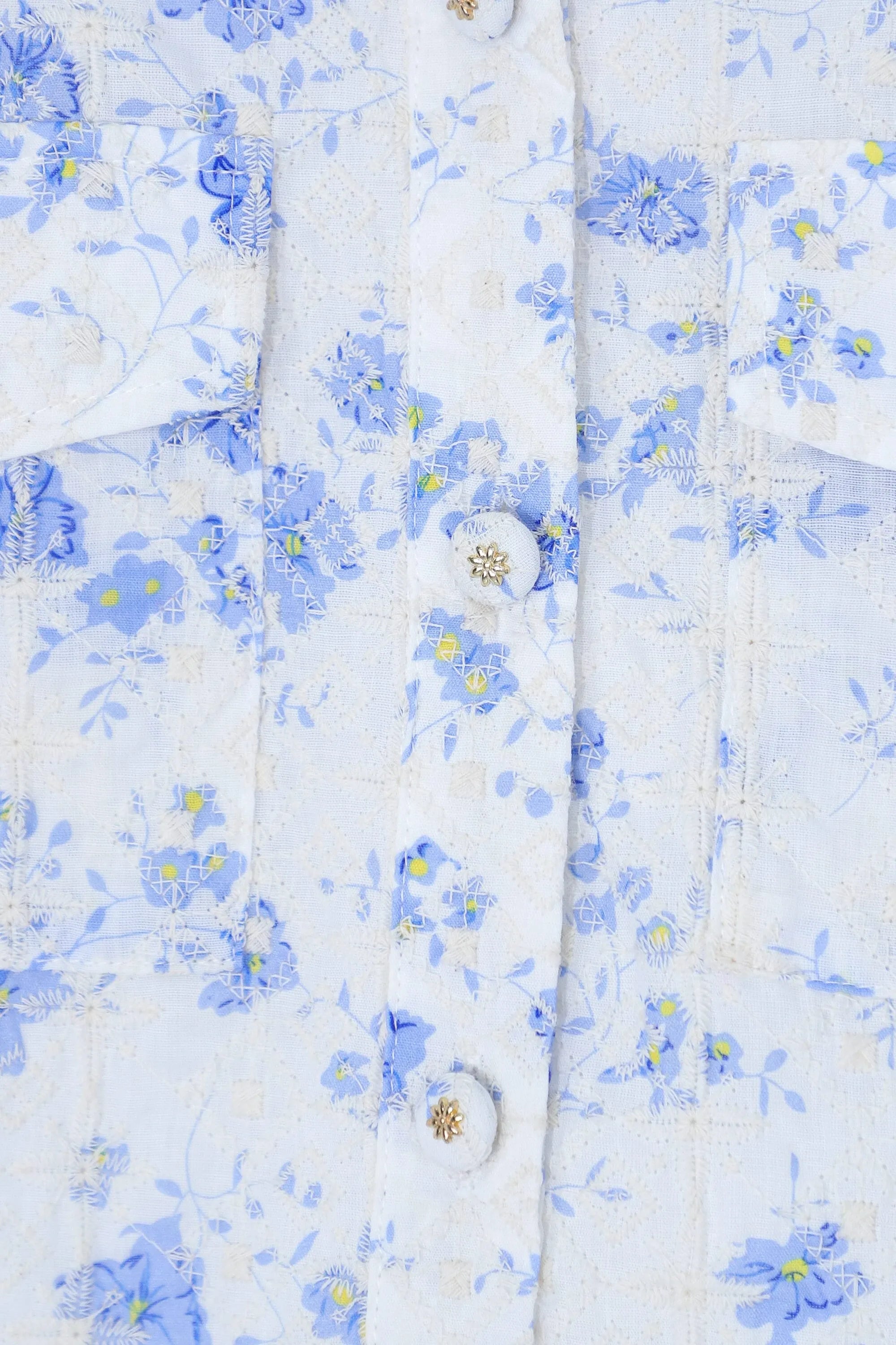 Elppis White and Blue Floral Quilted Short-Sleeve Blouse, product detail view — SKU JD4E5565BO