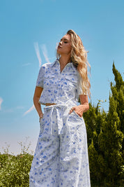 Elppis White and Blue Floral Quilted Wide-Leg Pants, editorial styling view on model — SKU JD4I5566BO