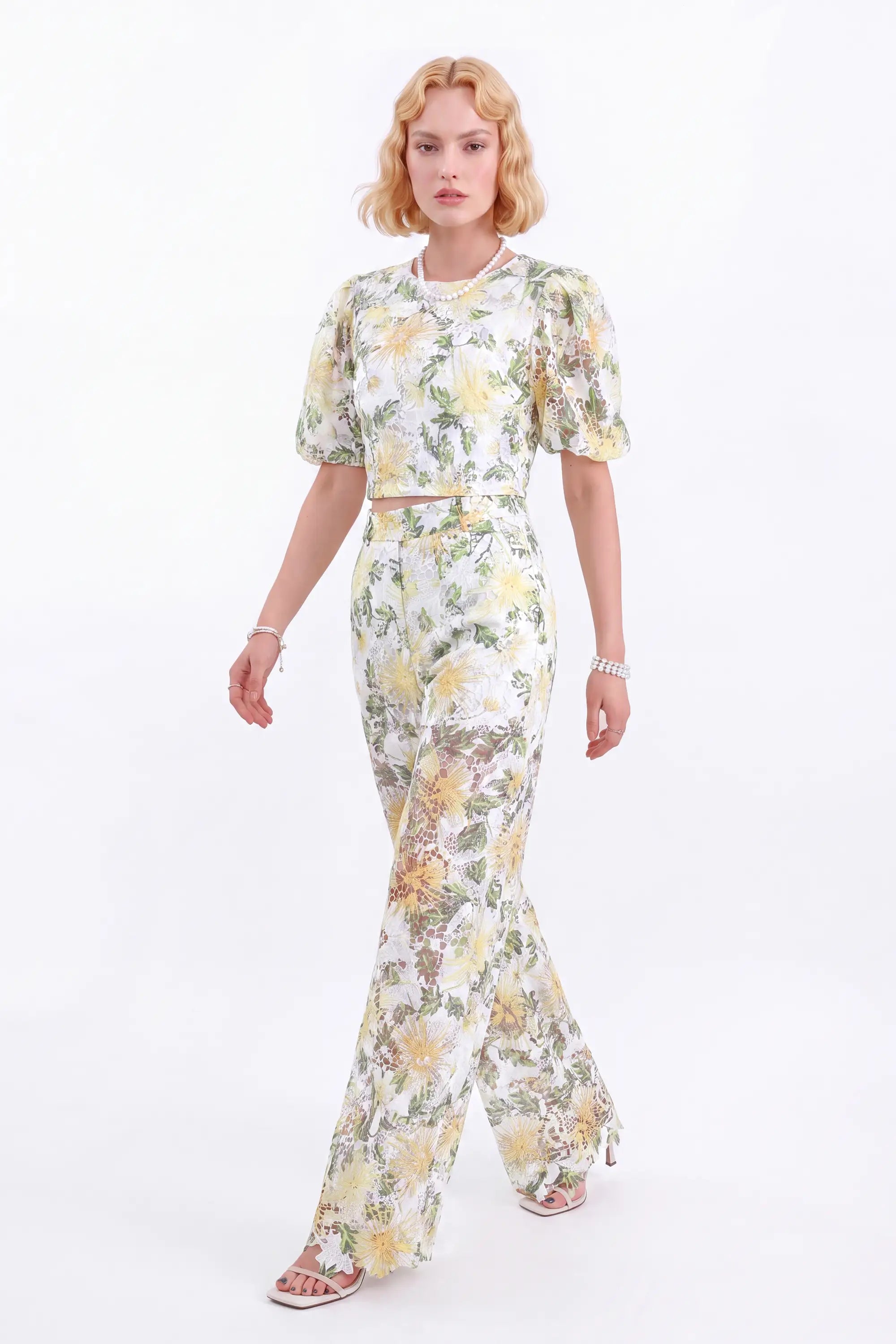 White and Yellow Floral Lace Puff-Sleeve Cropped Top — model front view 2