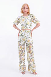 White and Yellow Floral Lace Puff-Sleeve Cropped Top — model front view 4