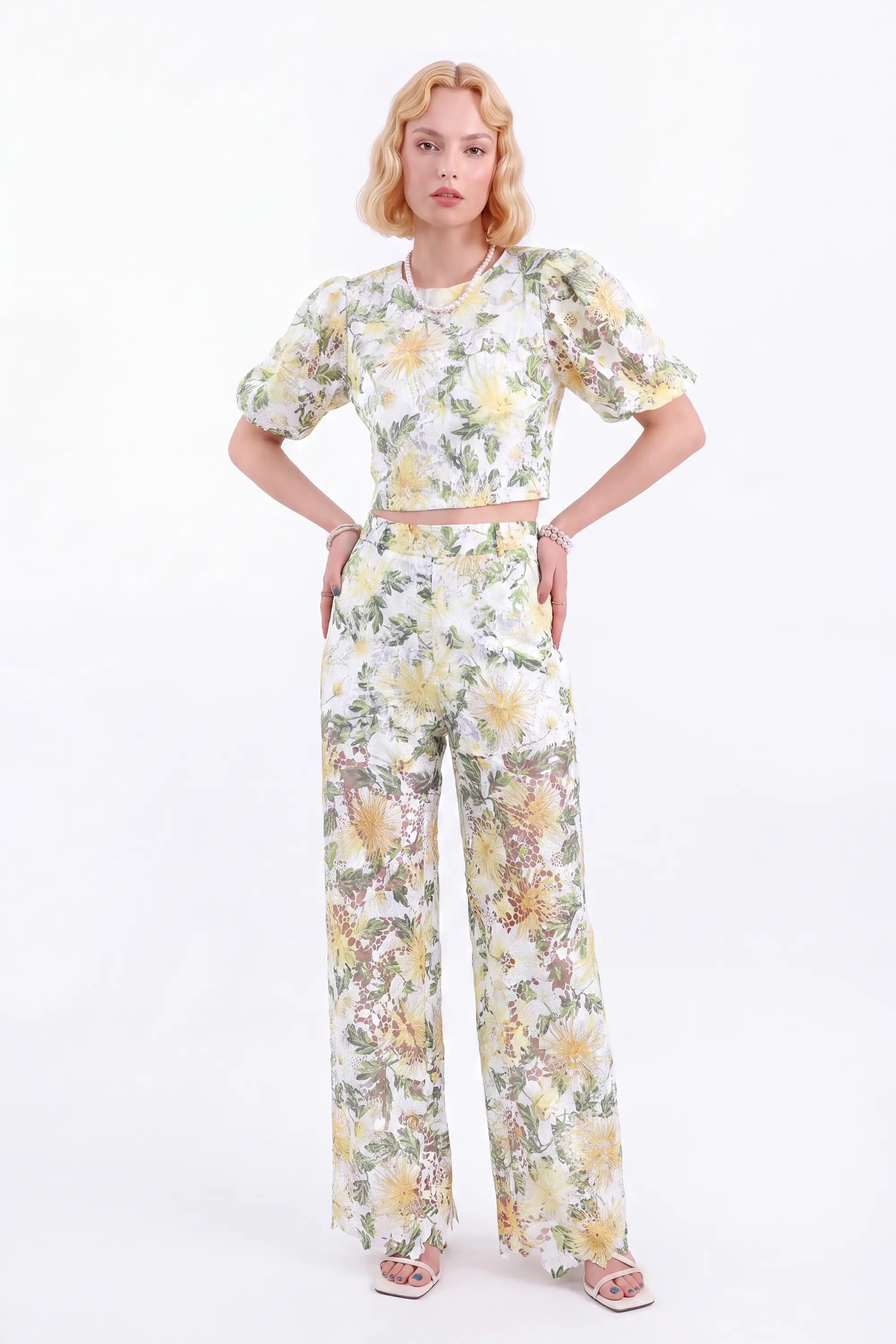 White and Yellow Floral Lace Puff-Sleeve Cropped Top — model front view 4